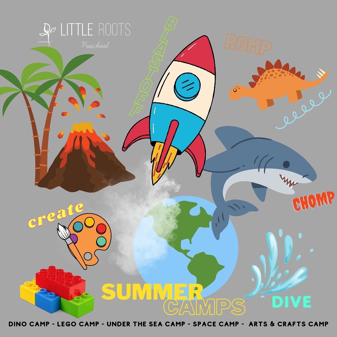 ⁣⁣Come and join Little Roots as we Romp, Dive, Create and Blast off into summer! ⁣⁣⁣
⁣⁣⁣
 🦕 Dino Camp June 20-30⁣⁣⁣
 💛 Lego Camp July 5-14⁣⁣⁣
 🦈 Under the Sea July 18-28⁣⁣⁣
 🚀 Space Camp August 1-11⁣⁣⁣
 🎨 Arts &amp; Crafts August 15-18⁣⁣⁣
⁣⁣⁣
If