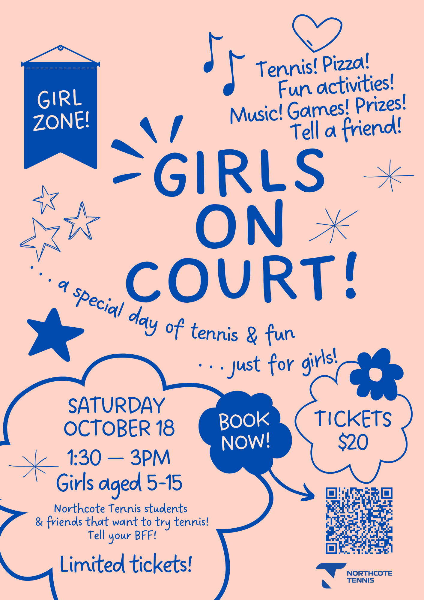 Pink flyer advertising girls on court tennis event with blue text and illustrations, including stars, musical notes, a heart, and a QR code.