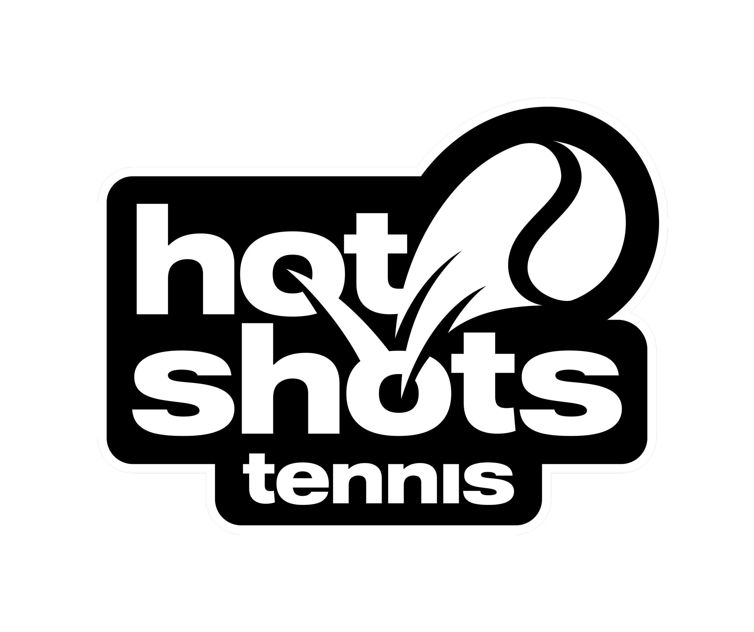 Logo featuring text "hot shots tennis" with tennis ball graphic on a black background.