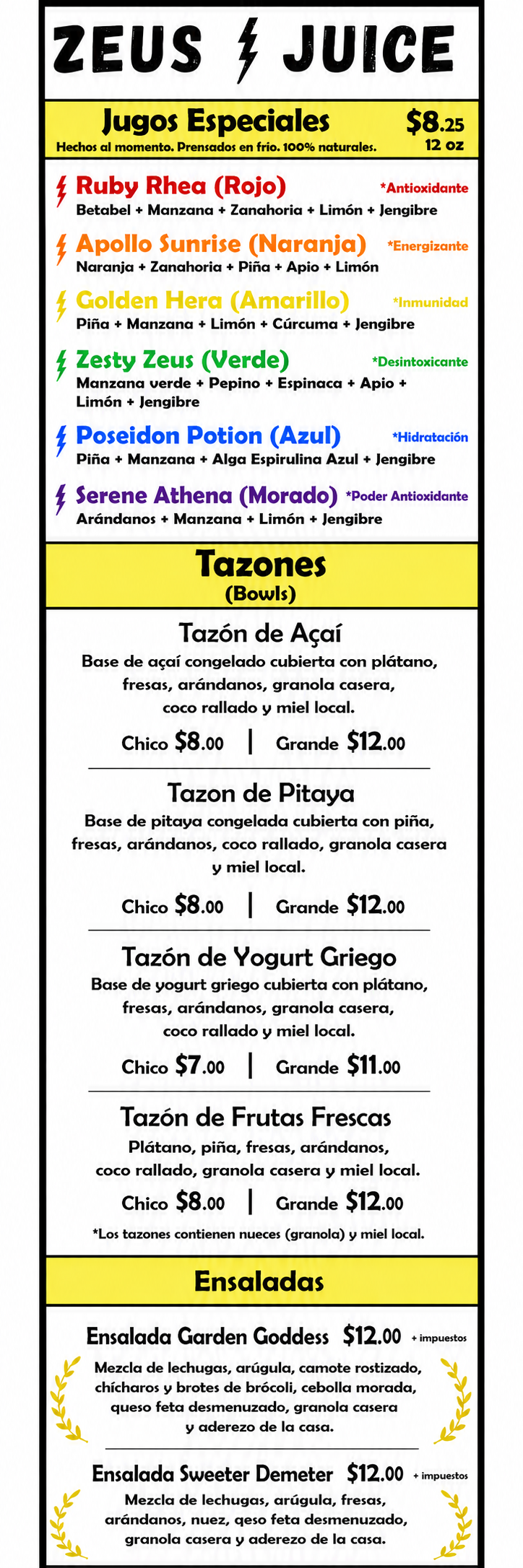 Menu for Zeus Juice featuring special juices and bowls. Juices include Ruby Rhea, Apollo Sunrise, Golden Hera, Zesty Zeus, Serene Athena, with ingredients and health benefits. Bowls include Açaí, Pitaya, Greek Yogurt, and Fresh Fruit, each with price options for small and large sizes.