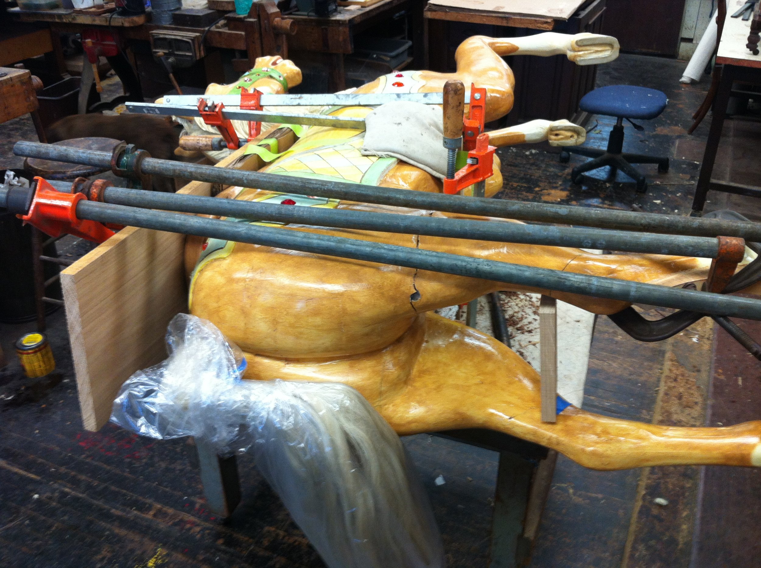 Repair on a leg of a Carousel horse