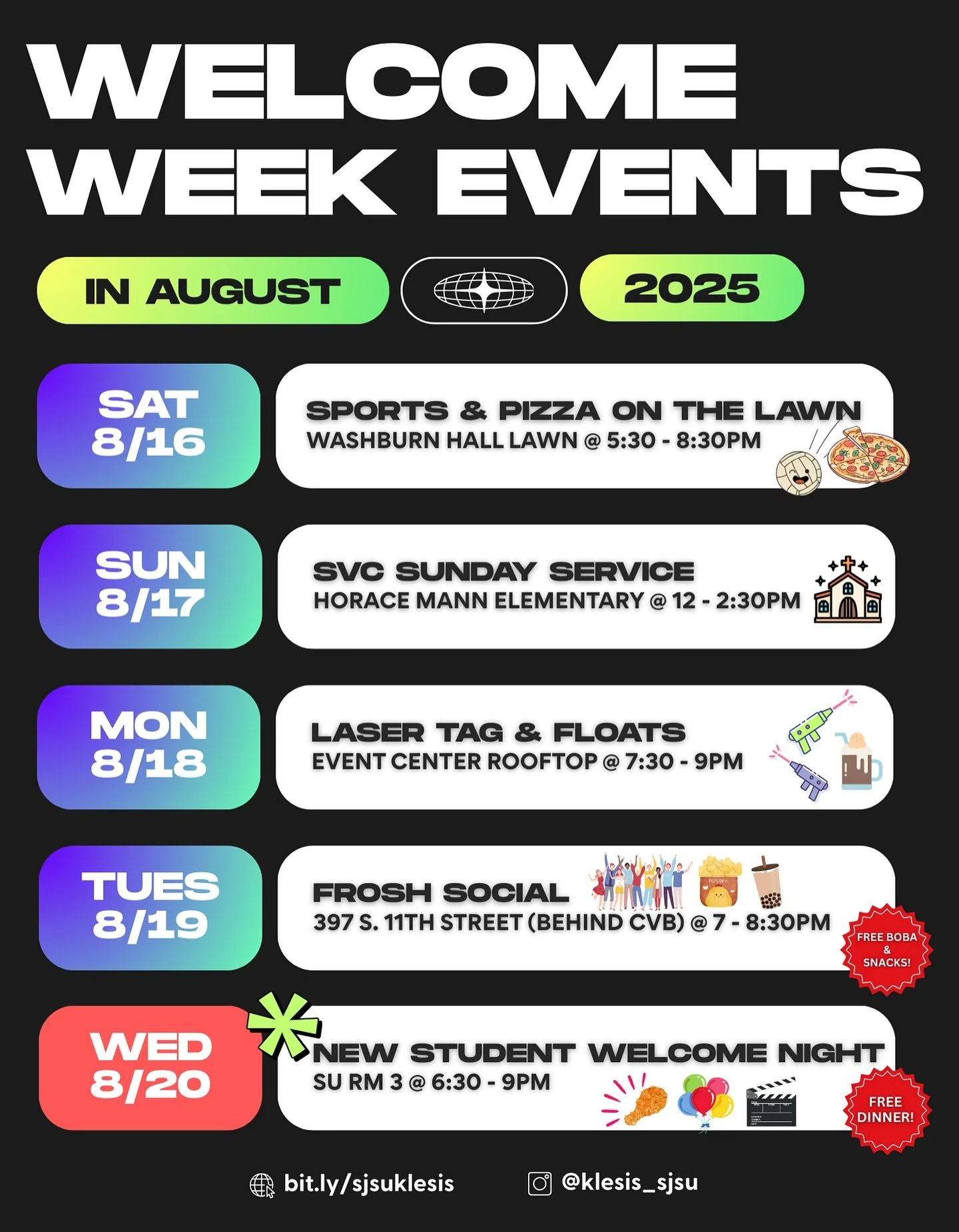 Welcome back Spartans!! 

New to campus and looking for something to do? We&rsquo;re kicking off the fall semester with our welcome events :) come check em out!

Join us for some good food, fun, and fellowship 👌 see you there!