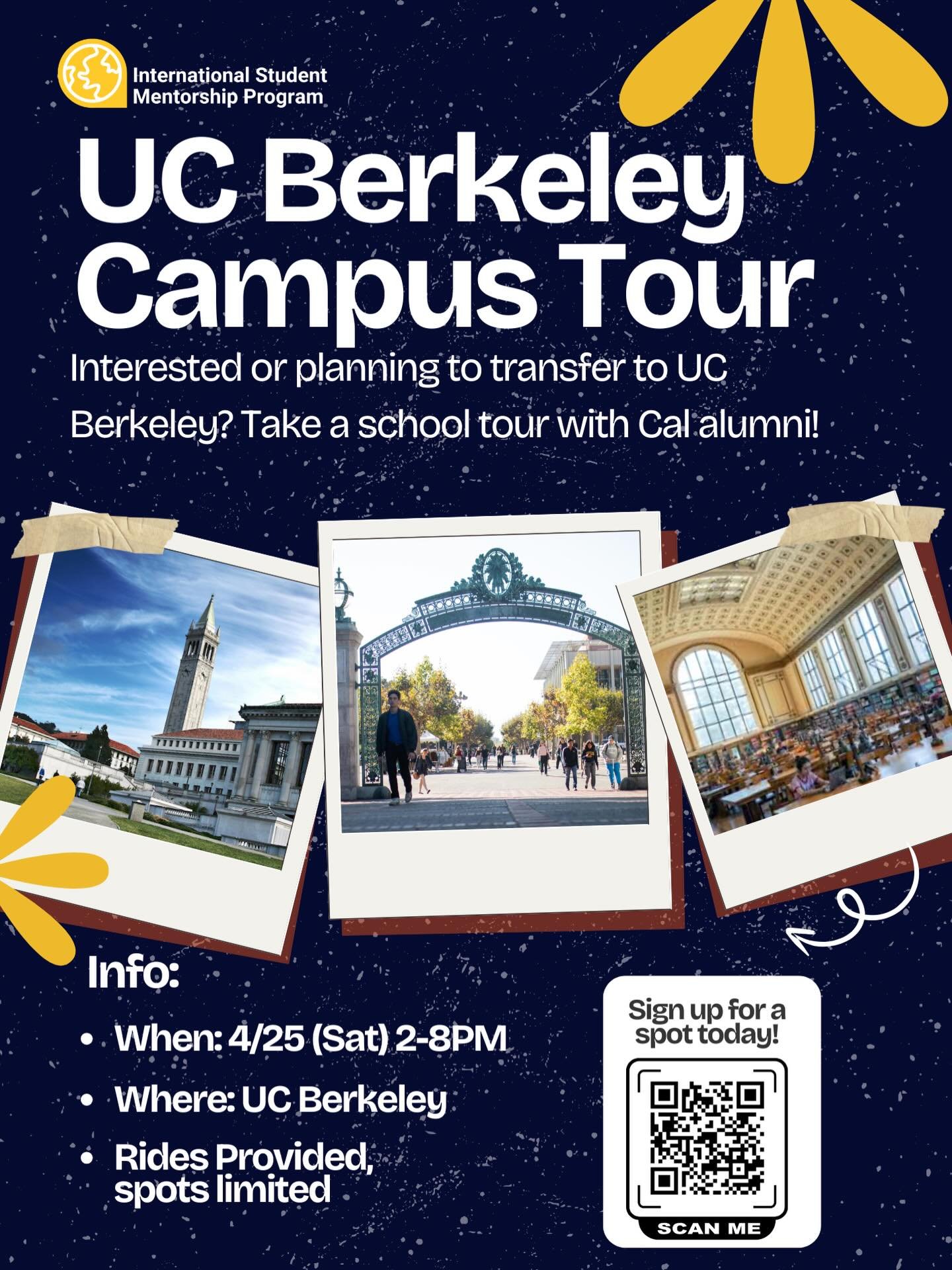Sign up for a tour of UC Berkeley, by a Cal Alumni. Connect with mentors from berkeley ISMP🤜🤛. Dinner provided, Link in Bio🔗