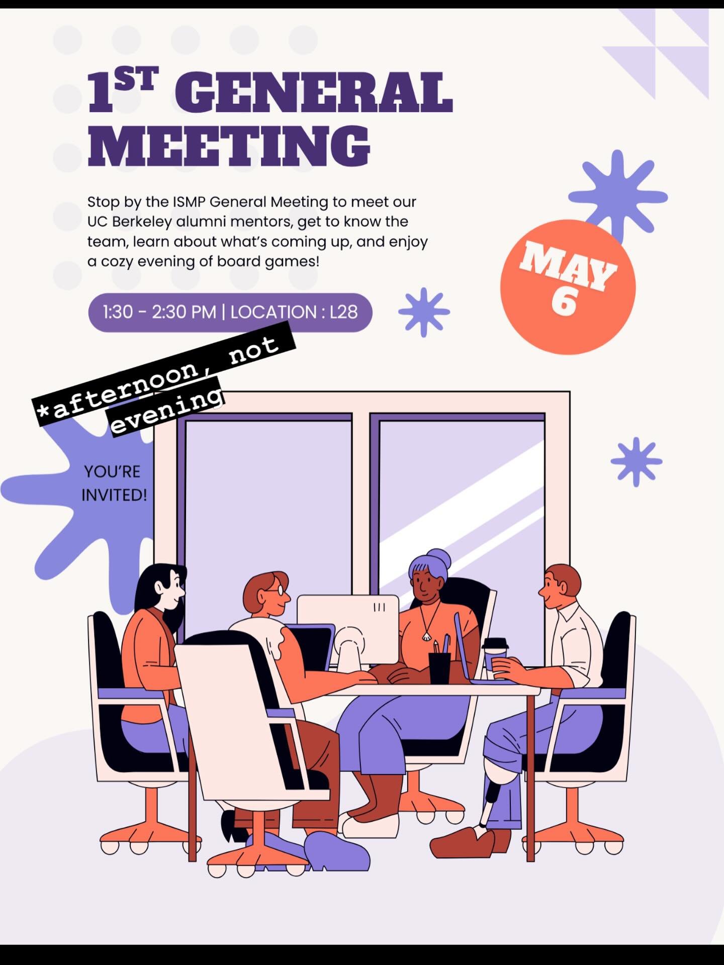 Curious about what ISMP is? Questions about transfer, career, or mentorship in general? Join us for our first general meeting 🎉 happening TOMORROW!

⏰ May 6th @ 1:30-2:30PM in L28

Meet some Berkeley 🐻alumni mentors and play some board games with u