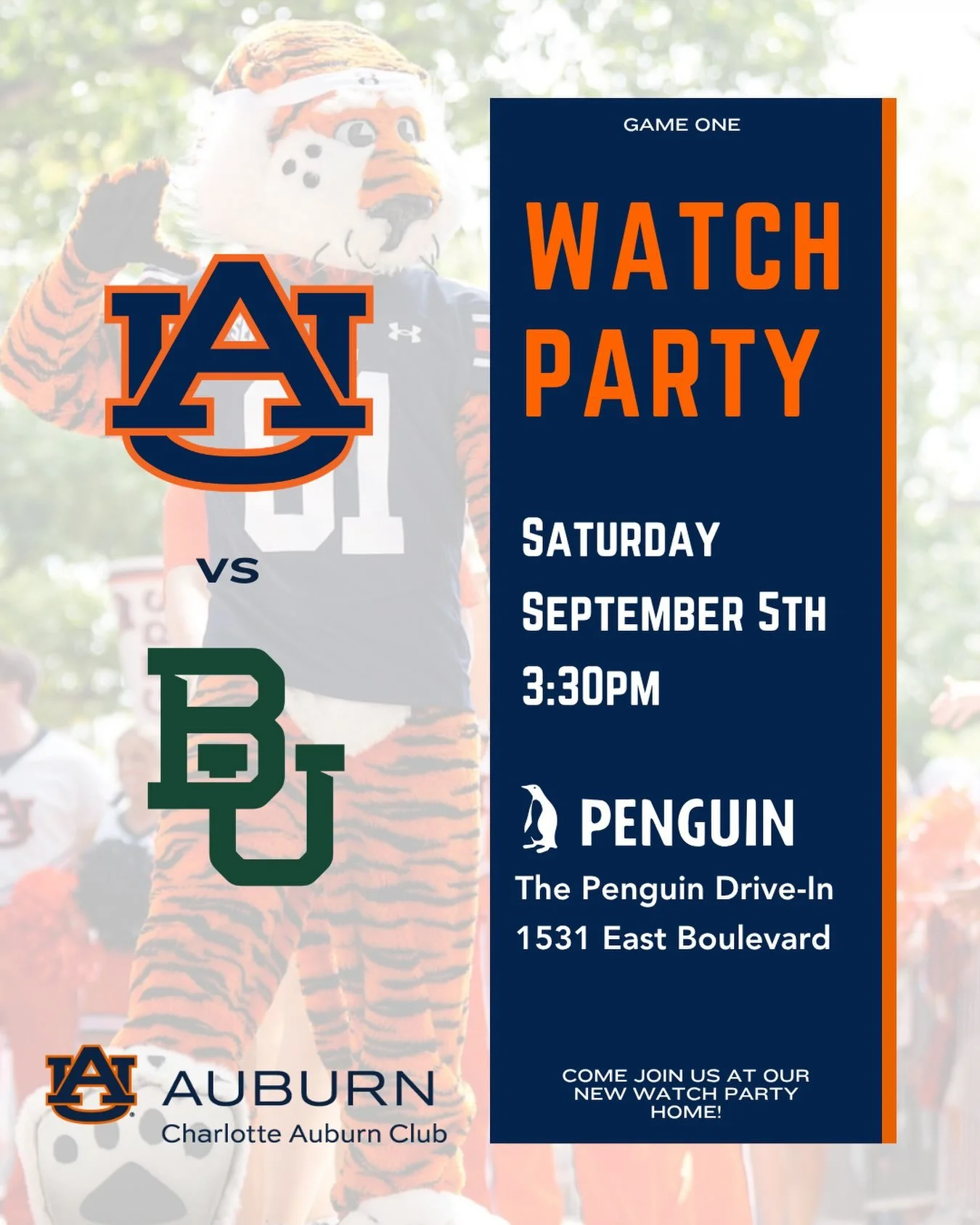Auburn Football is Back!!!
Come join us for our inaugural Watch Party at @thepenguinclt with your #AuburnCharlotte family as our Tigers take on the Baylor Bears in the @aflackickoff! We&rsquo;ll have swag, specials, and a great game day atmosphere! S