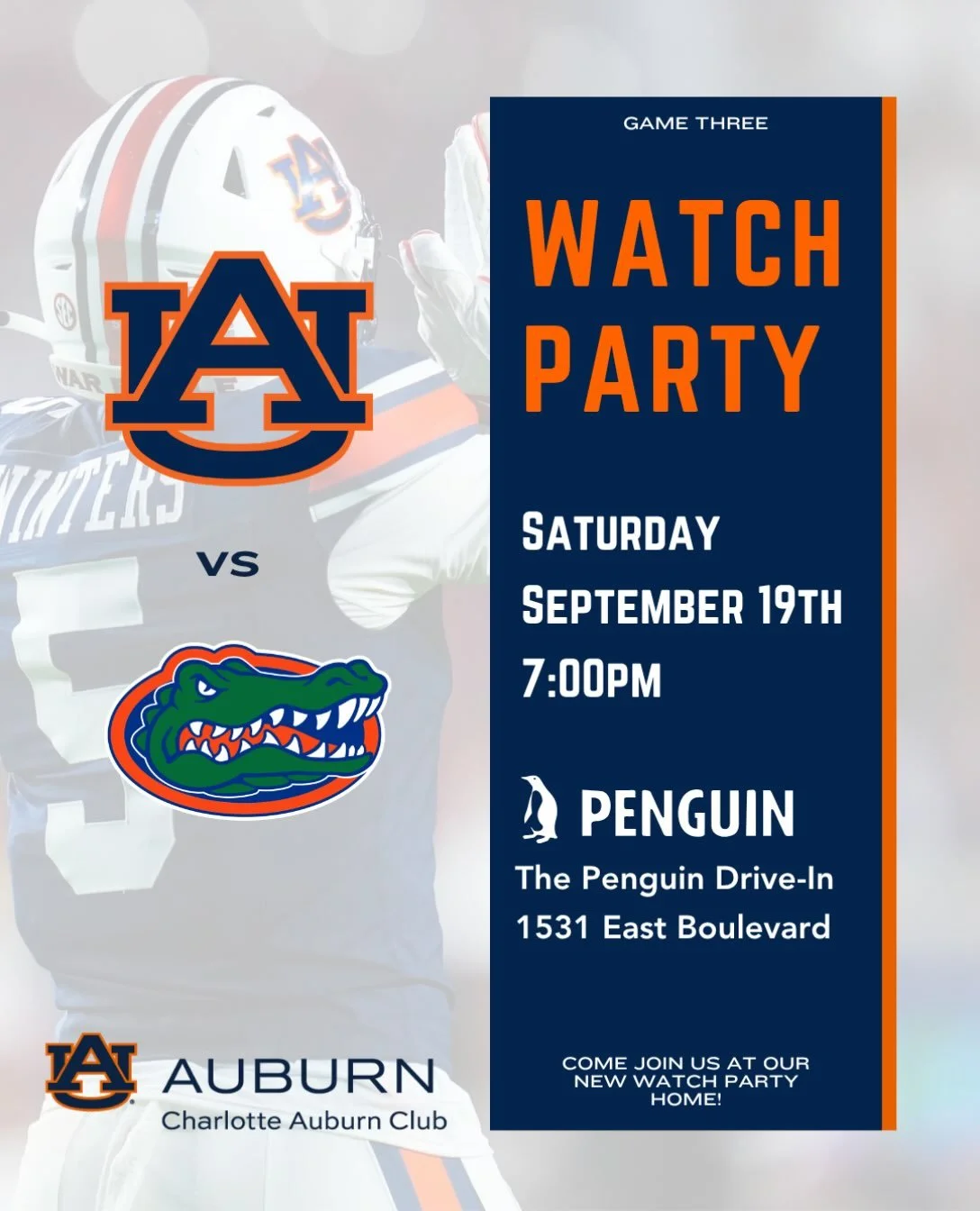 Next up under the lights at Jordan-Hare: Florida. Come join us at @thepenguinclt as Auburn and Florida renew their storied rivalry! Games are more fun with the #AuburnFamily so come watch with us and cheer on the Tigers! Check out their great menu an