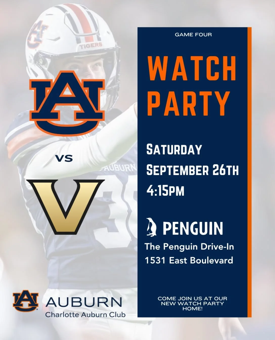 Come join us for an afternoon of football as Auburn faces off against Vandy! We&rsquo;ll be at @thepenguinclt so come watch the game with the #AuburnCharlotte family! See you there and #WarEagle!