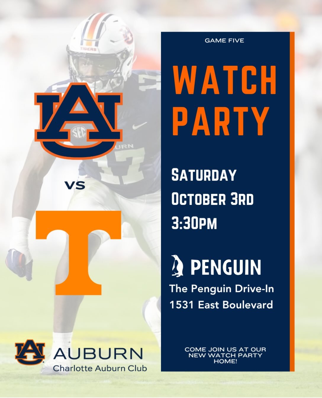 Come join us at @thepenguinclt as we cheer on our Tigers as they head to Knoxville for an afternoon matchup! We&rsquo;ll be there with the #AuburnCharlotte family! Come enjoy the food and drink specials and cheer on the Tigers! #WarEagle!