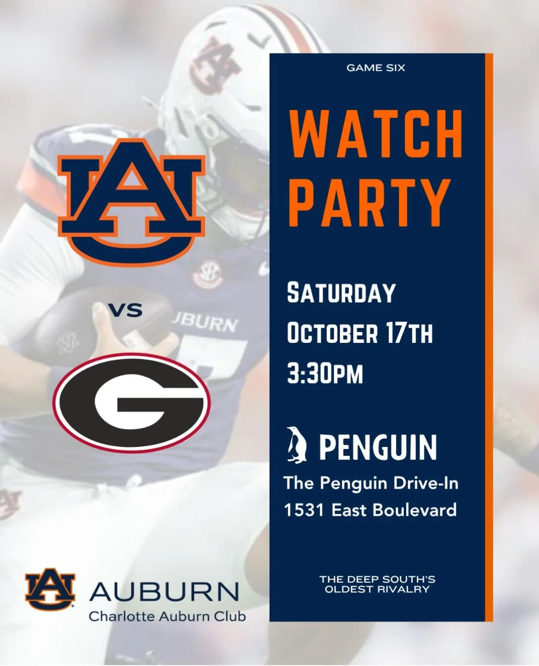 We&rsquo;re rested, we&rsquo;re ready, and we&rsquo;re back, for the 131st edition of the Deep South&rsquo;s Oldest Rivalry! Come watch our Tigers with your Charlotte #AuburnFamily at @thepenguinclt! We&rsquo;ll have extra free swag this week so come