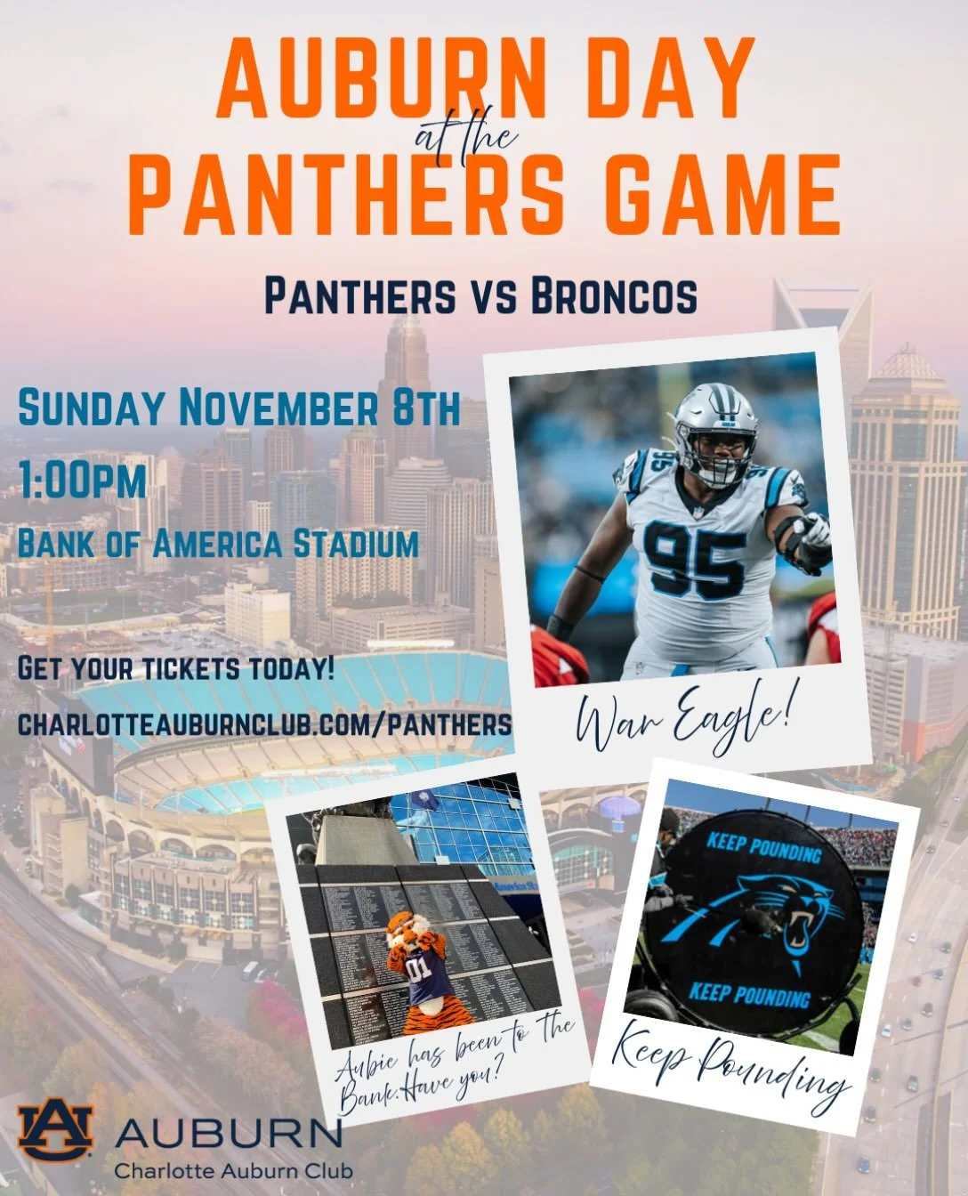 We&rsquo;re heading to the Bank for our first Auburn Day at the Panthers game! Join us as our very own Derrick Brown and the Panthers face the Denver Broncos and Bo Nix. Visit the link in our bio or charlotteauburnclub.com/panthers to learn more. #Ke
