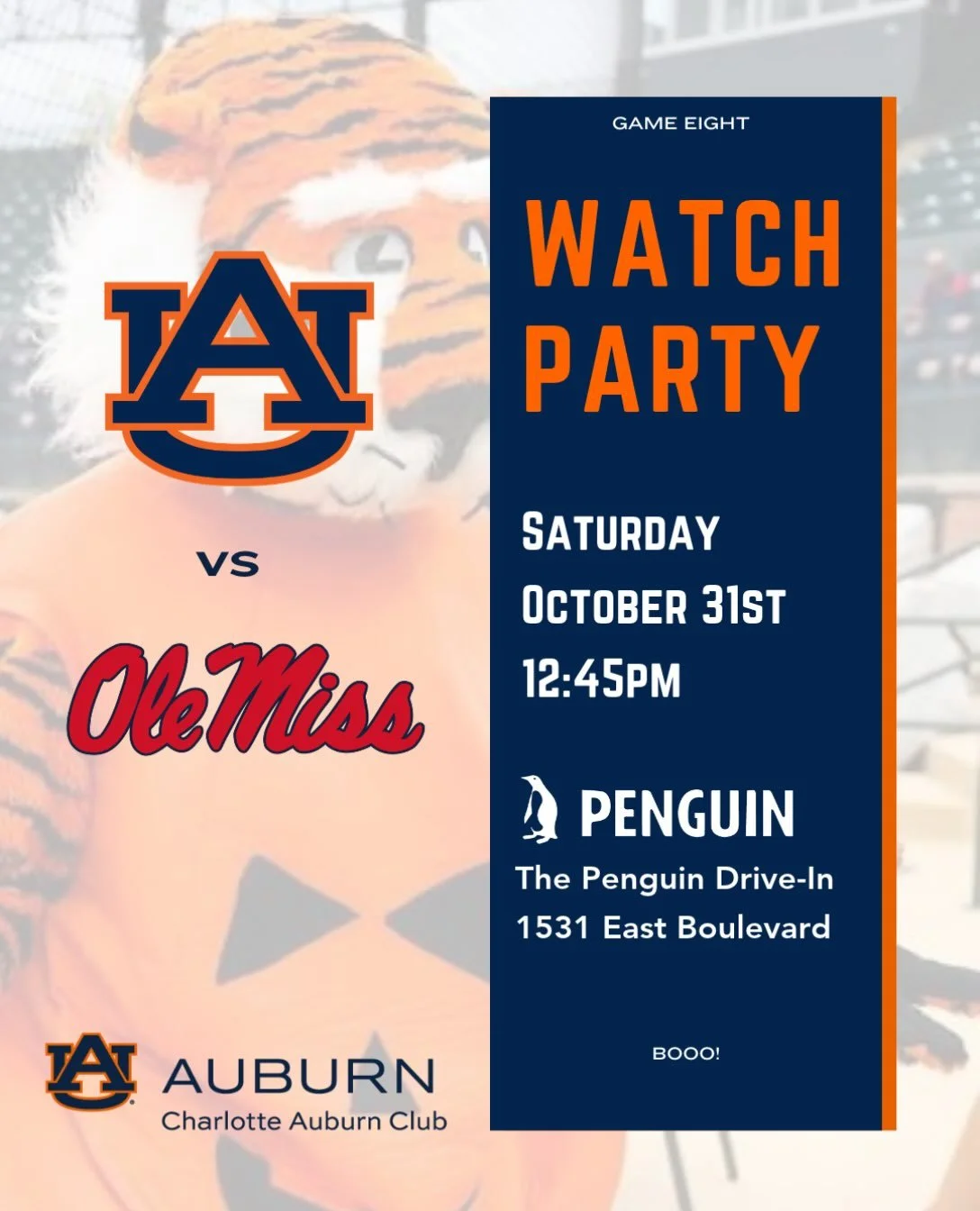 Nothing is less scary than watching the game with the #AuburnFamily! Come join us at @thepenguinclt and start your Halloween right! See you there! #WarEagle!