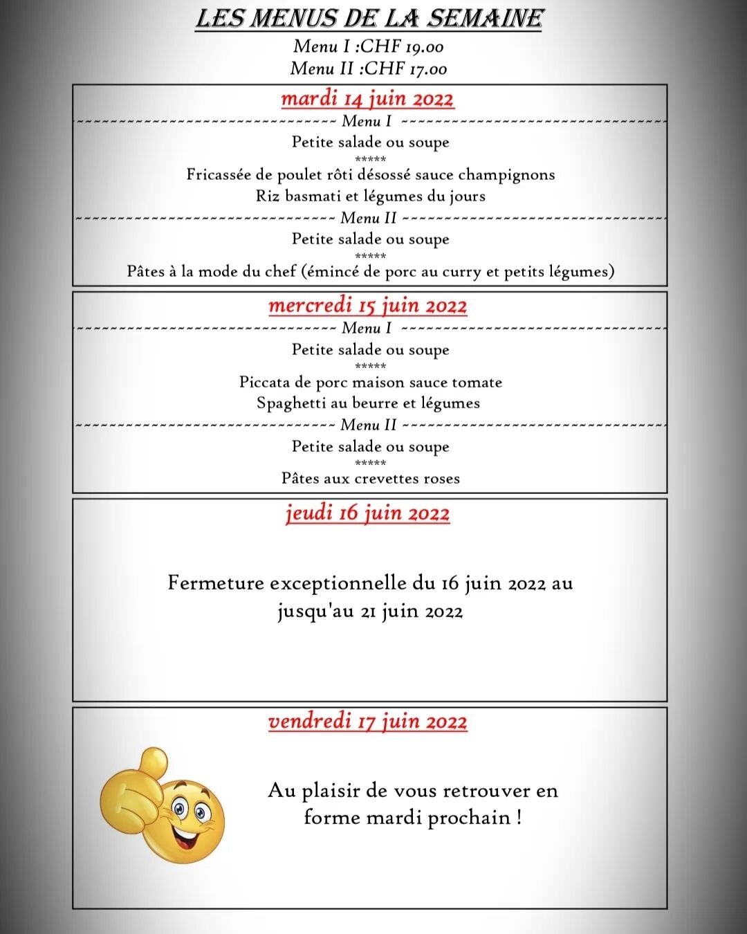 Voici  nos menus  de la semaine 😋 pour toutes r&eacute;servations appeler au 026 411 08 80  Merci 🙏 et belle semaine 🥰

A nossa proposta da semana🥰 no Auberge du barrage 😋 boa semana a todos 🌞💪