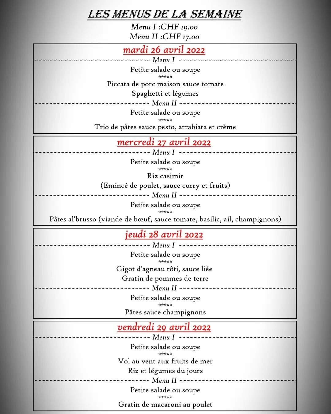 Voici  nos menus  de la semaine 😋 pour toutes r&eacute;servations appeler au 026 411 08 80  Merci 🙏 et belle semaine 🥰

A nossa proposta da semana🥰 no Auberge du barrage 😋 boa semana a todos 🌞💪