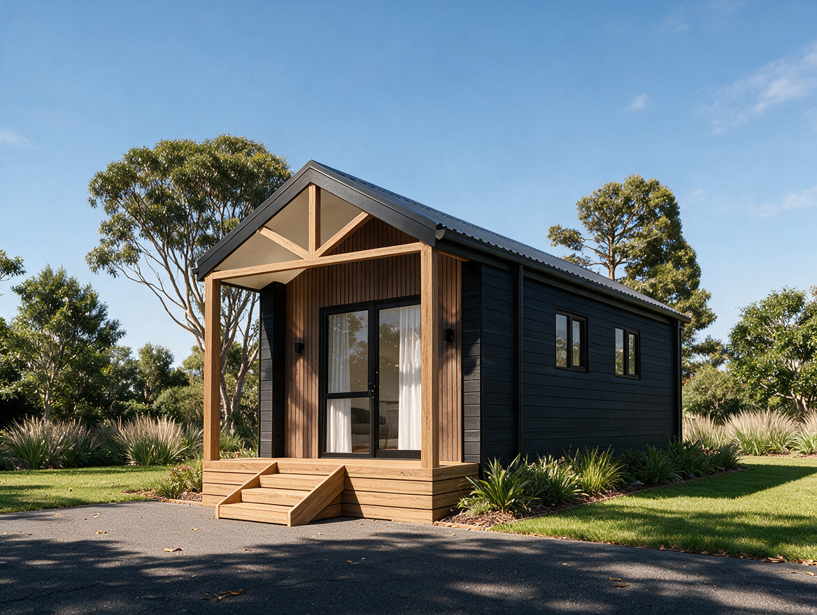 Luxury tiny home architectural rendering with timber cladding and contemporary residential design.