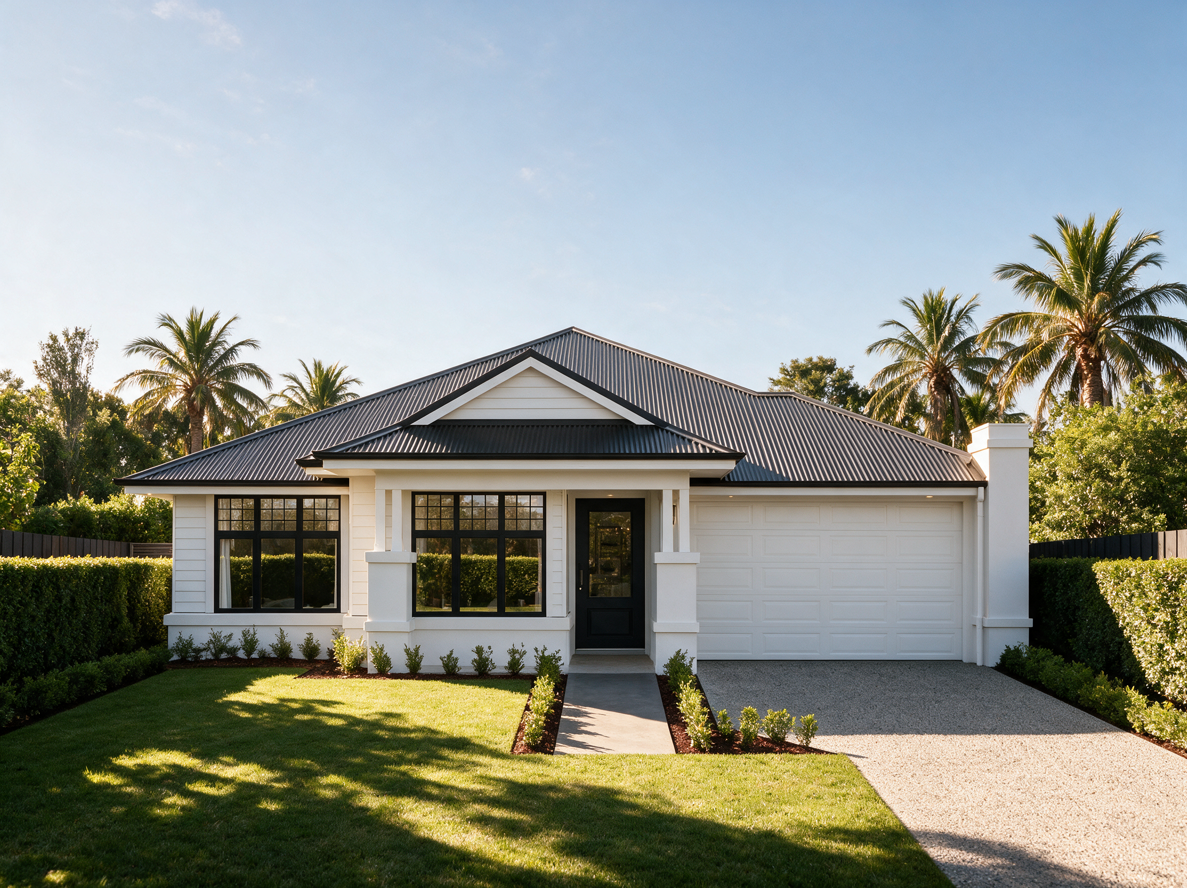 Luxury white family home with contemporary architecture, landscaped gardens and premium exterior finishes.