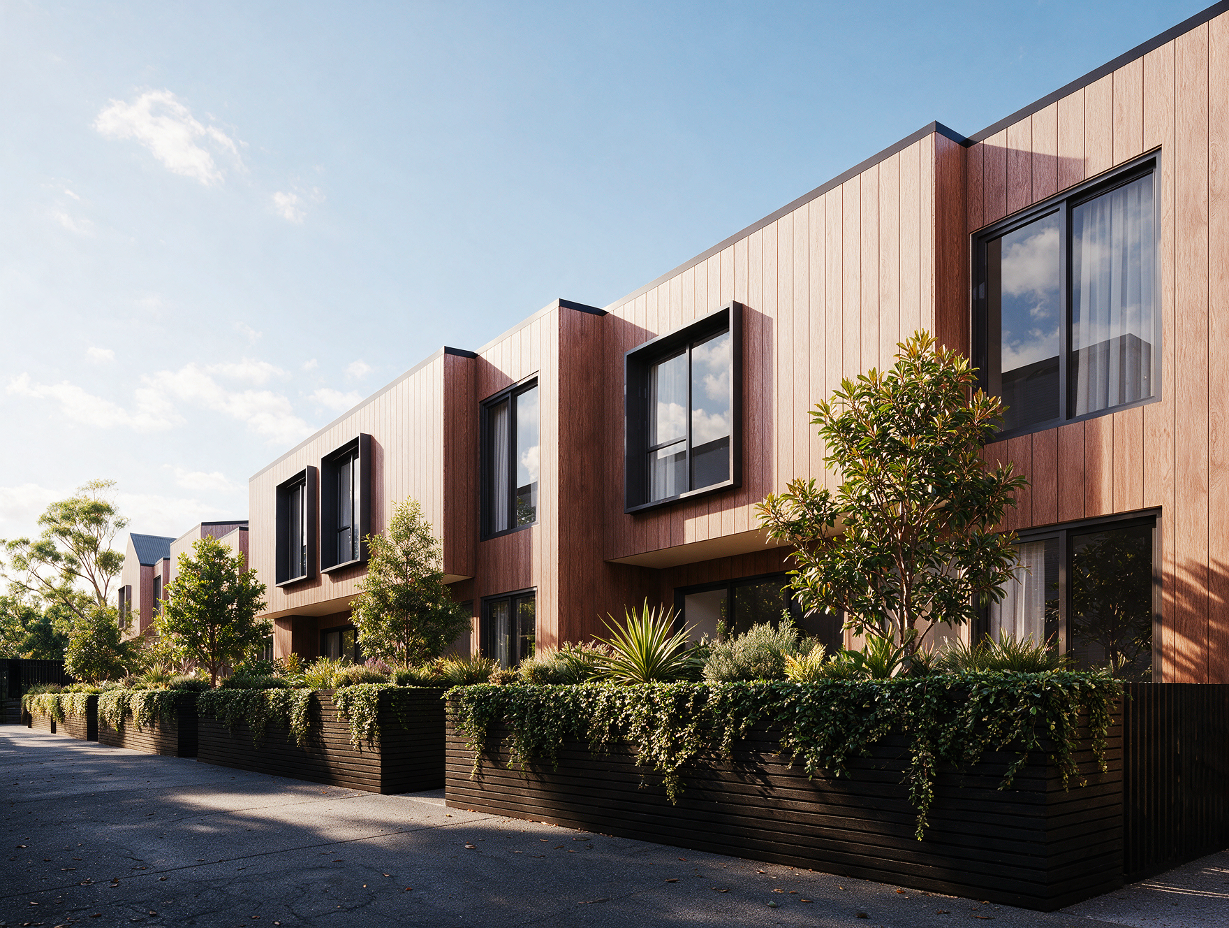 Detailed 3D exterior render highlighting cohesive streetscape presence, timber privacy fences, and landscaping.