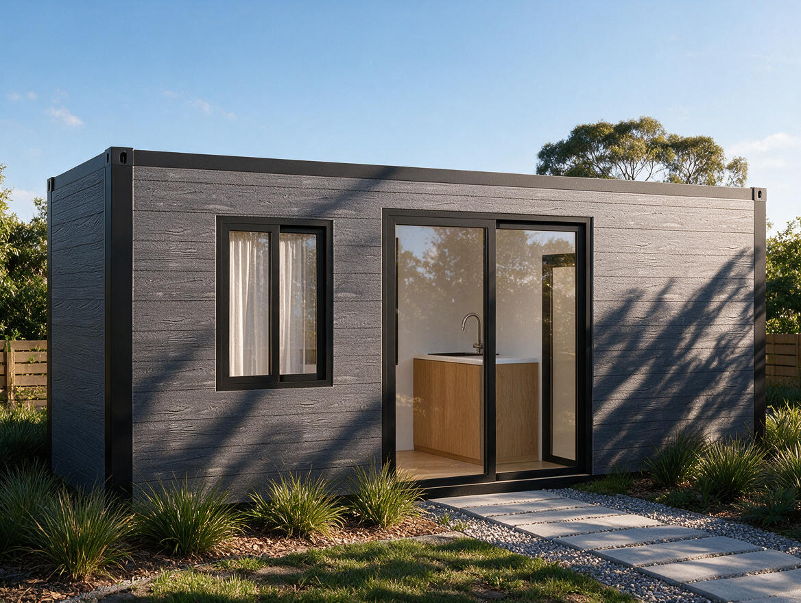 Modern modular house architectural rendering with minimalist design and realistic residential landscaping.