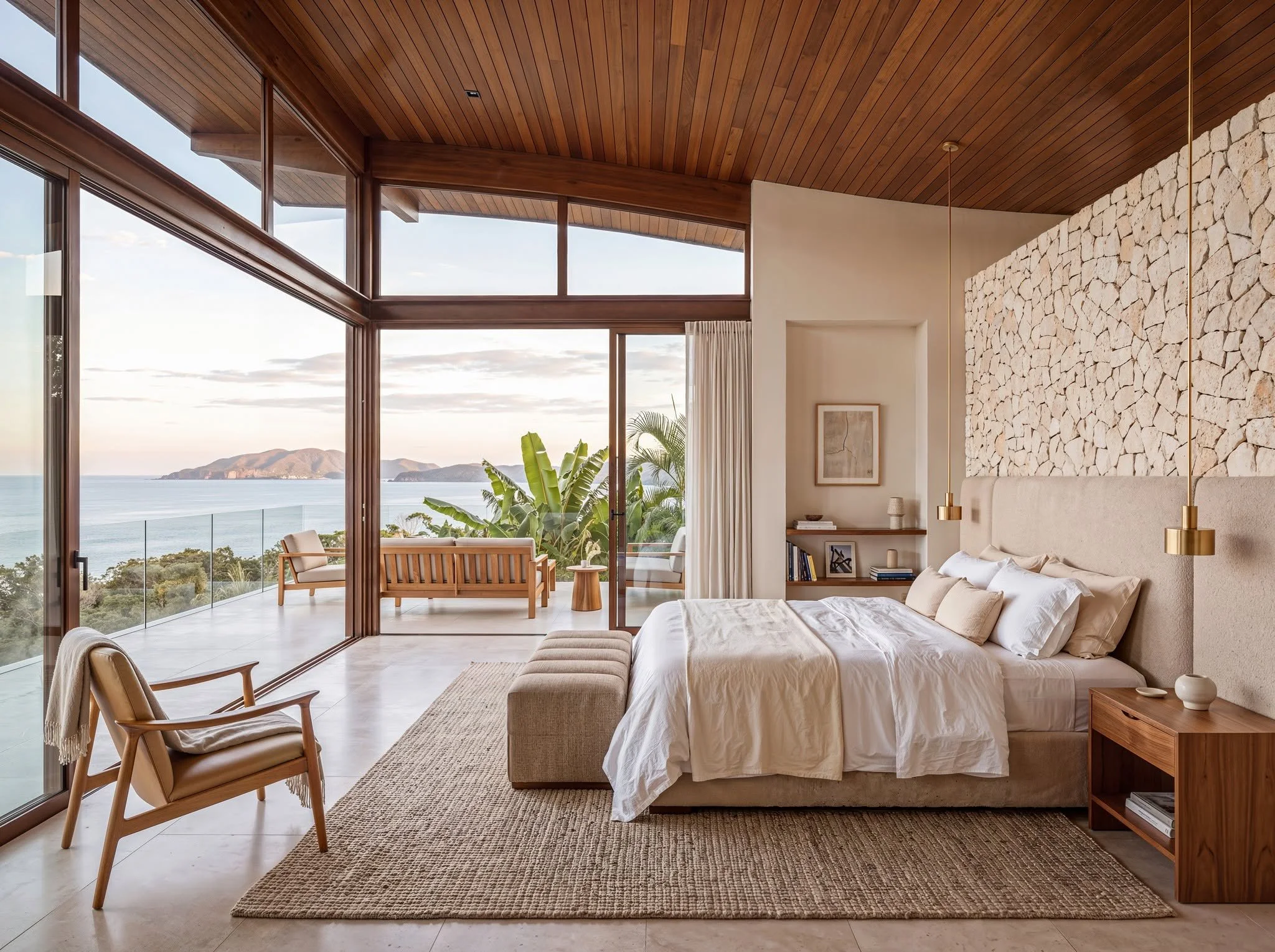 Luxury waterfront bedroom interior with panoramic sea views – 3D architectural visualisation by Mimik Studios