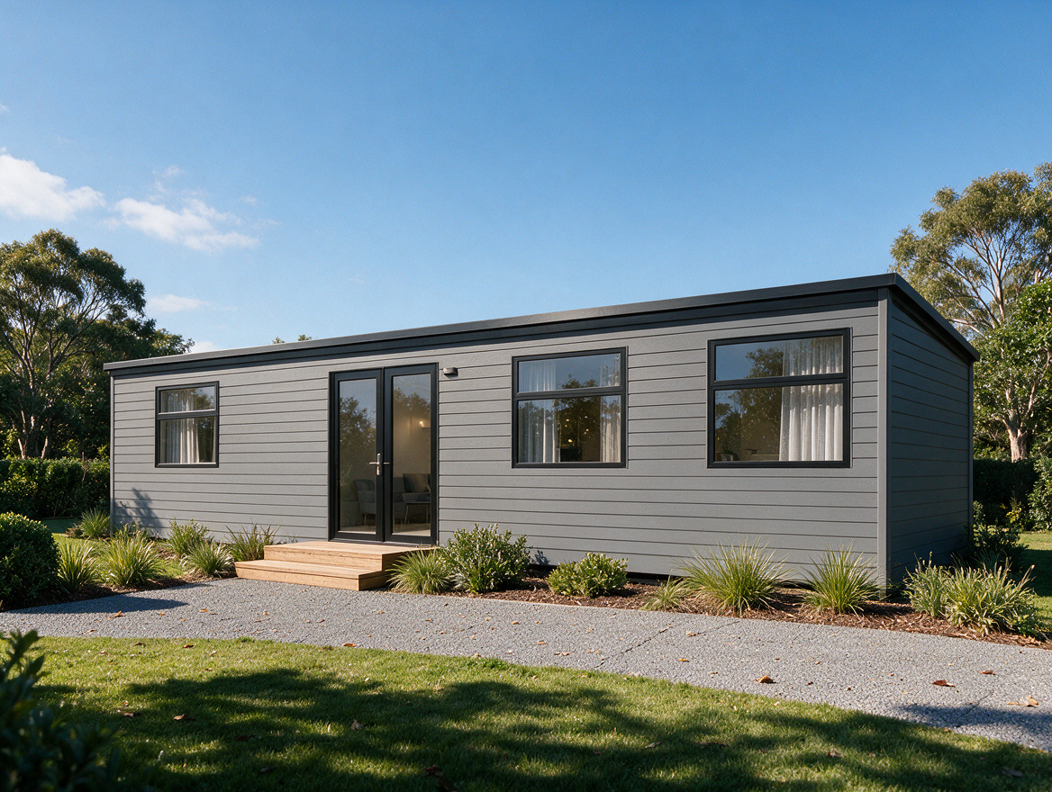Photorealistic architectural rendering of a contemporary modular home designed for residential property marketing.