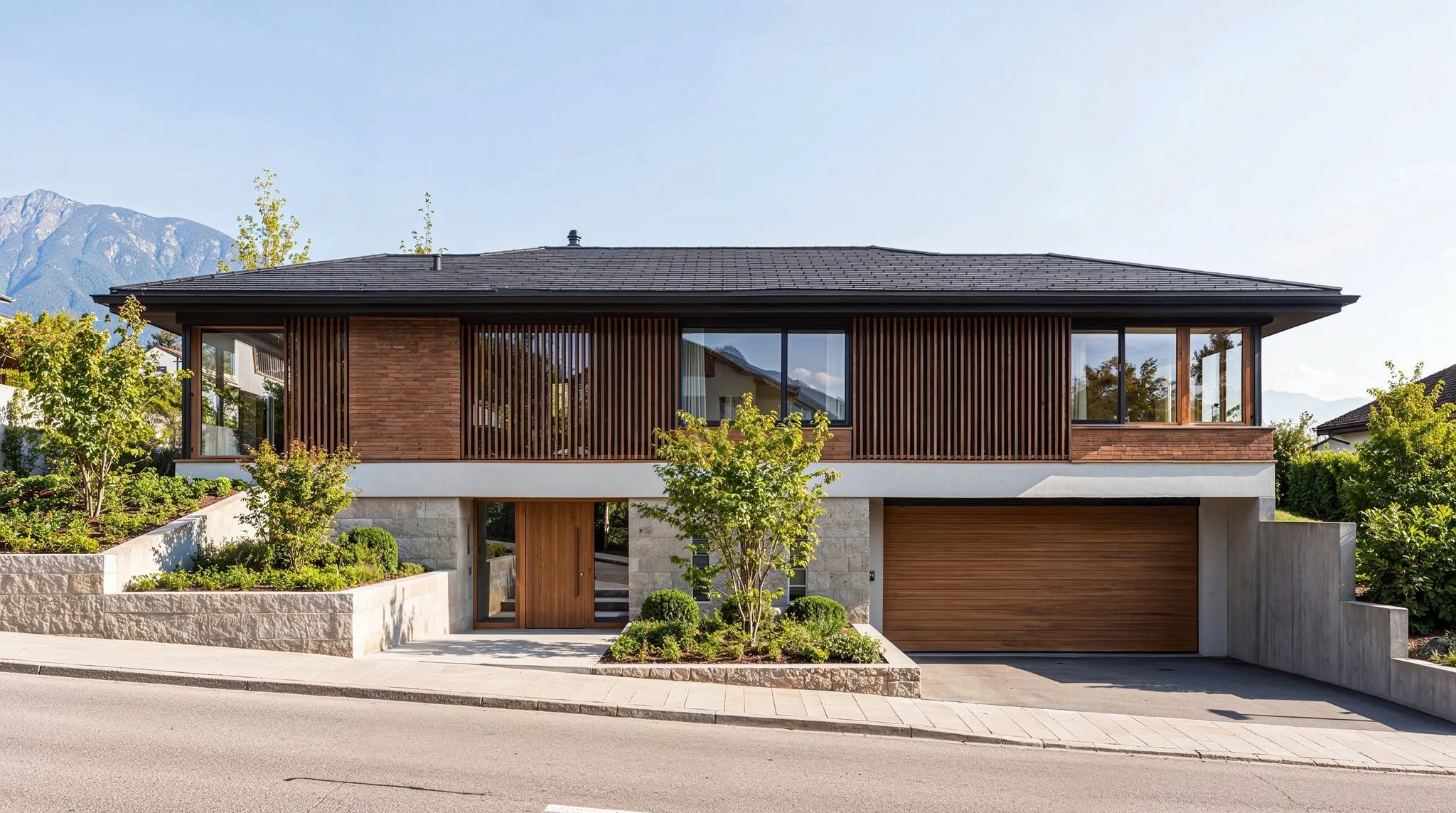 Rear exterior architectural visualisation of a modern Queenstown hospitality residence with timber facade, outdoor landscaping, and contemporary New Zealand lodge architecture.