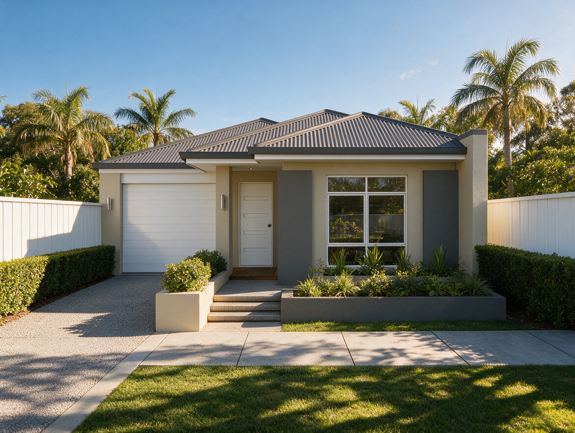 Photorealistic 3D render of a modern single-storey house with premium landscaping and realistic lighting.