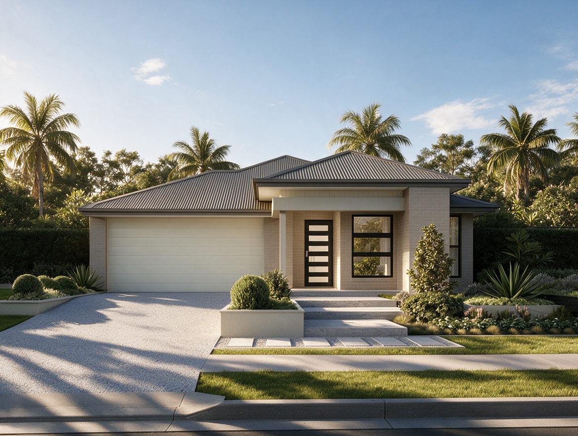 Photorealistic 3D architectural rendering of a contemporary single-storey family home with modern exterior design.