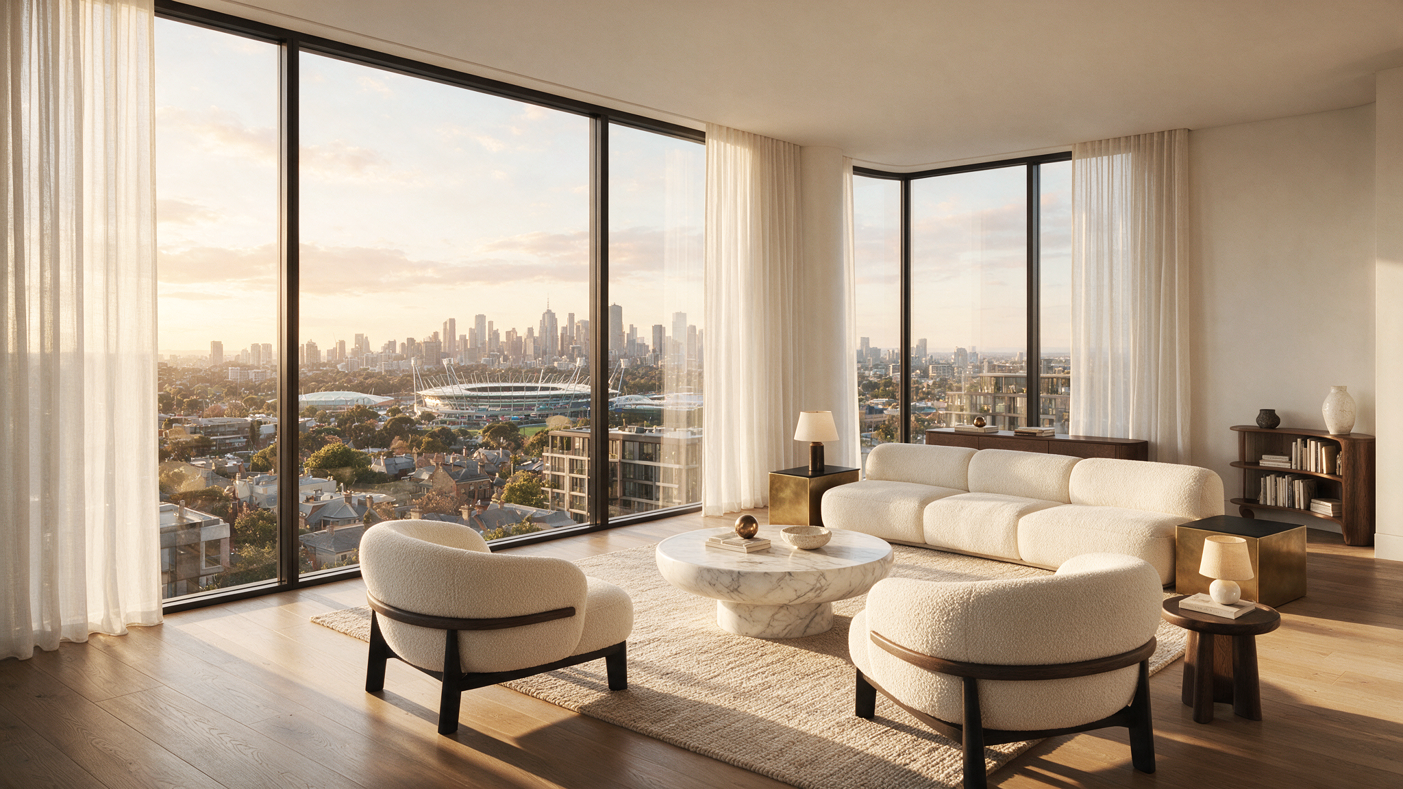 Luxury apartment living and dining area at 437 St Kilda Road with panoramic Melbourne city views and contemporary interior design.