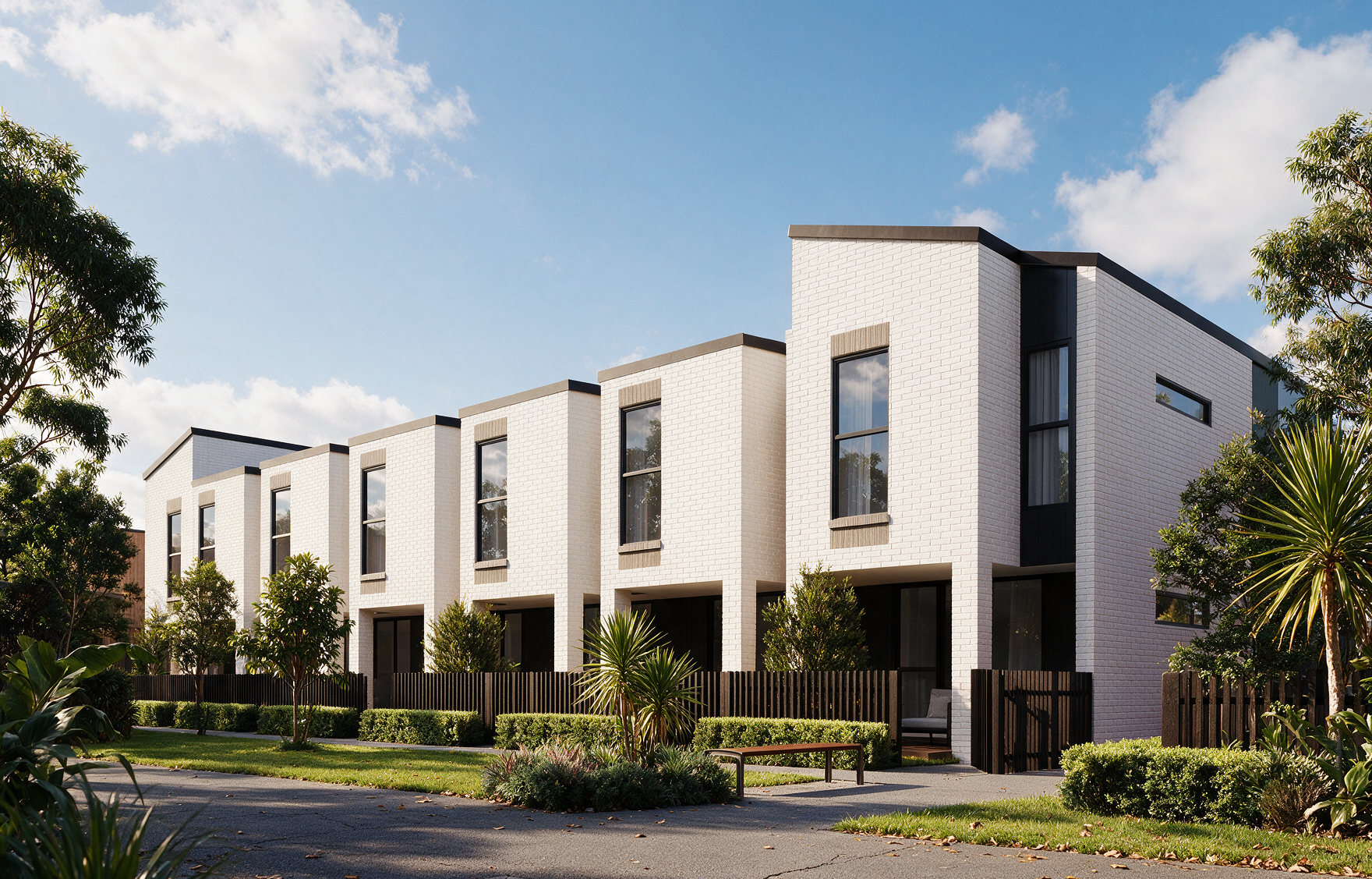  Architectural visualization of contemporary brick and timber townhouse facades under bright daylight in Auckland, New Zealand.