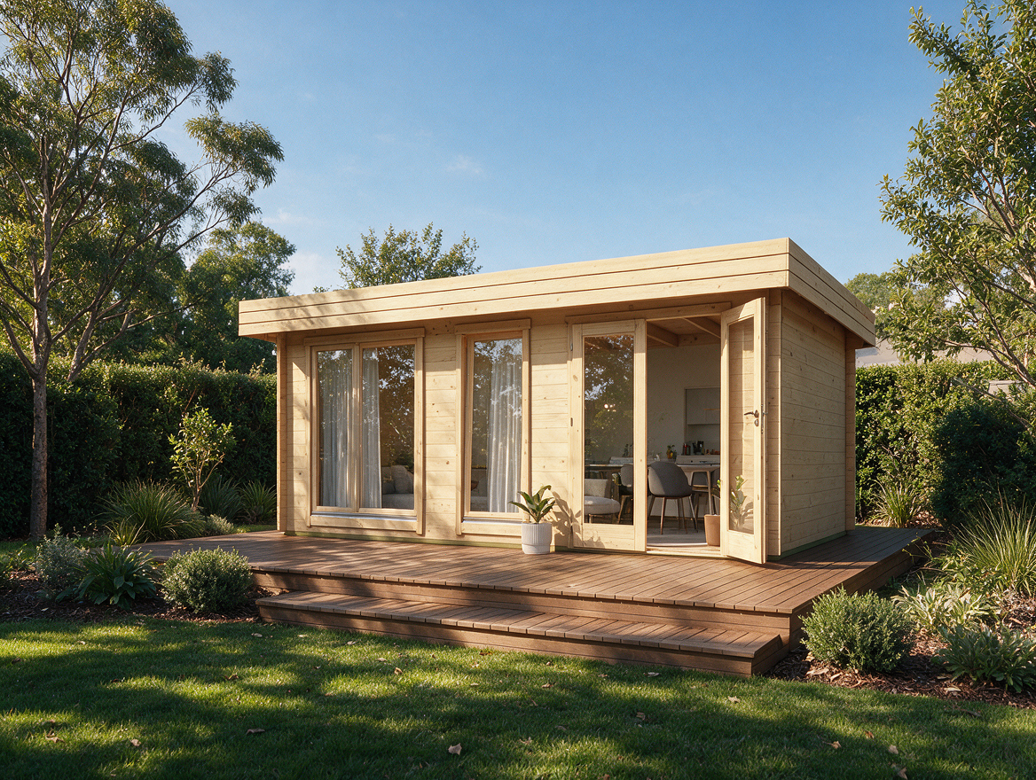 Photorealistic architectural rendering of a landscaped outdoor pavilion with contemporary residential architecture.