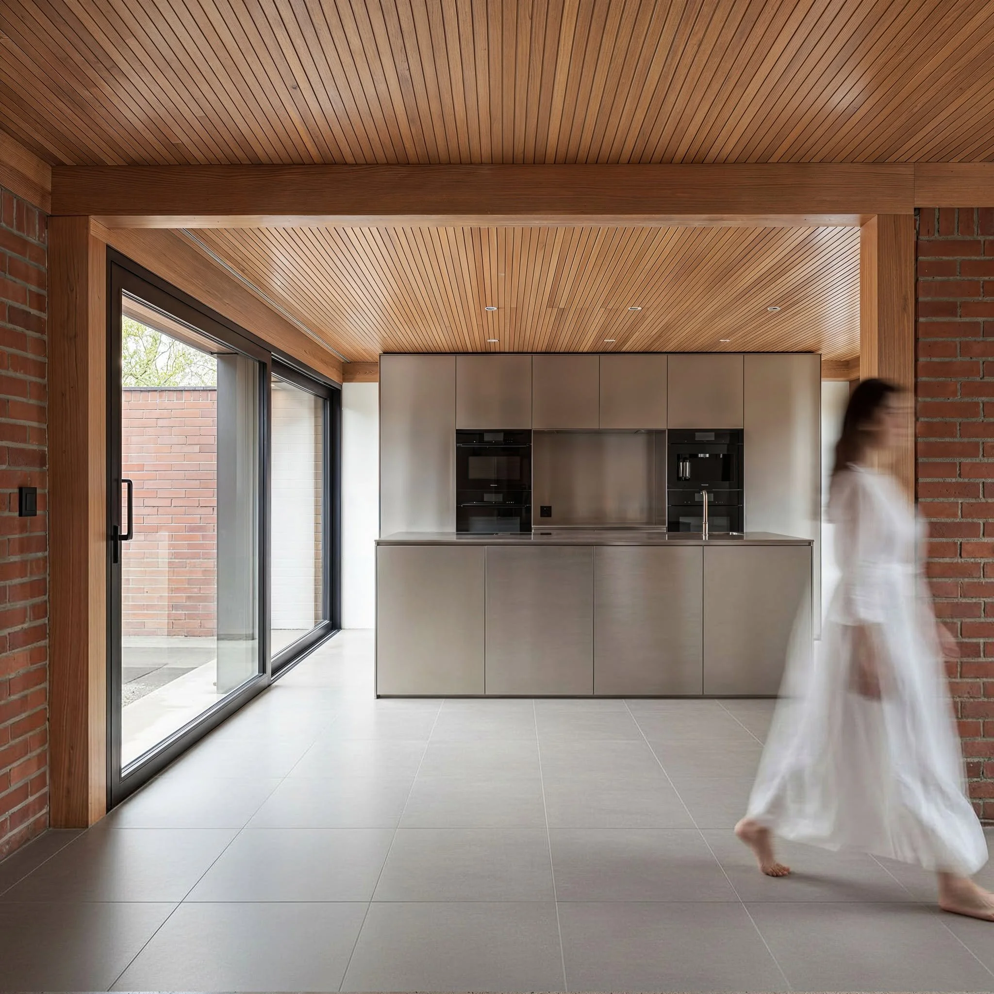 Contemporary open-plan living area architectural rendering with timber ceiling, minimalist interior design, large sliding doors, and seamless indoor-outdoor connection.
