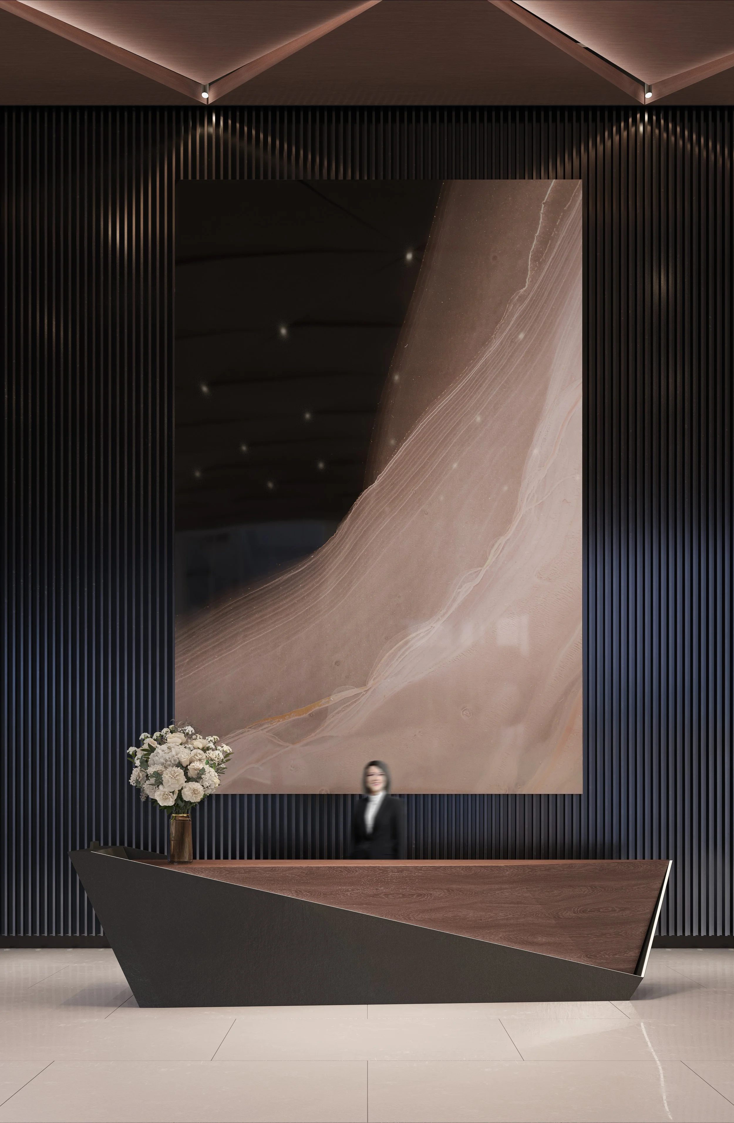 Luxury interior lobby visualisation featuring a sculptural curved wall, dark stone finishes, subtle lighting and minimalist floral styling.