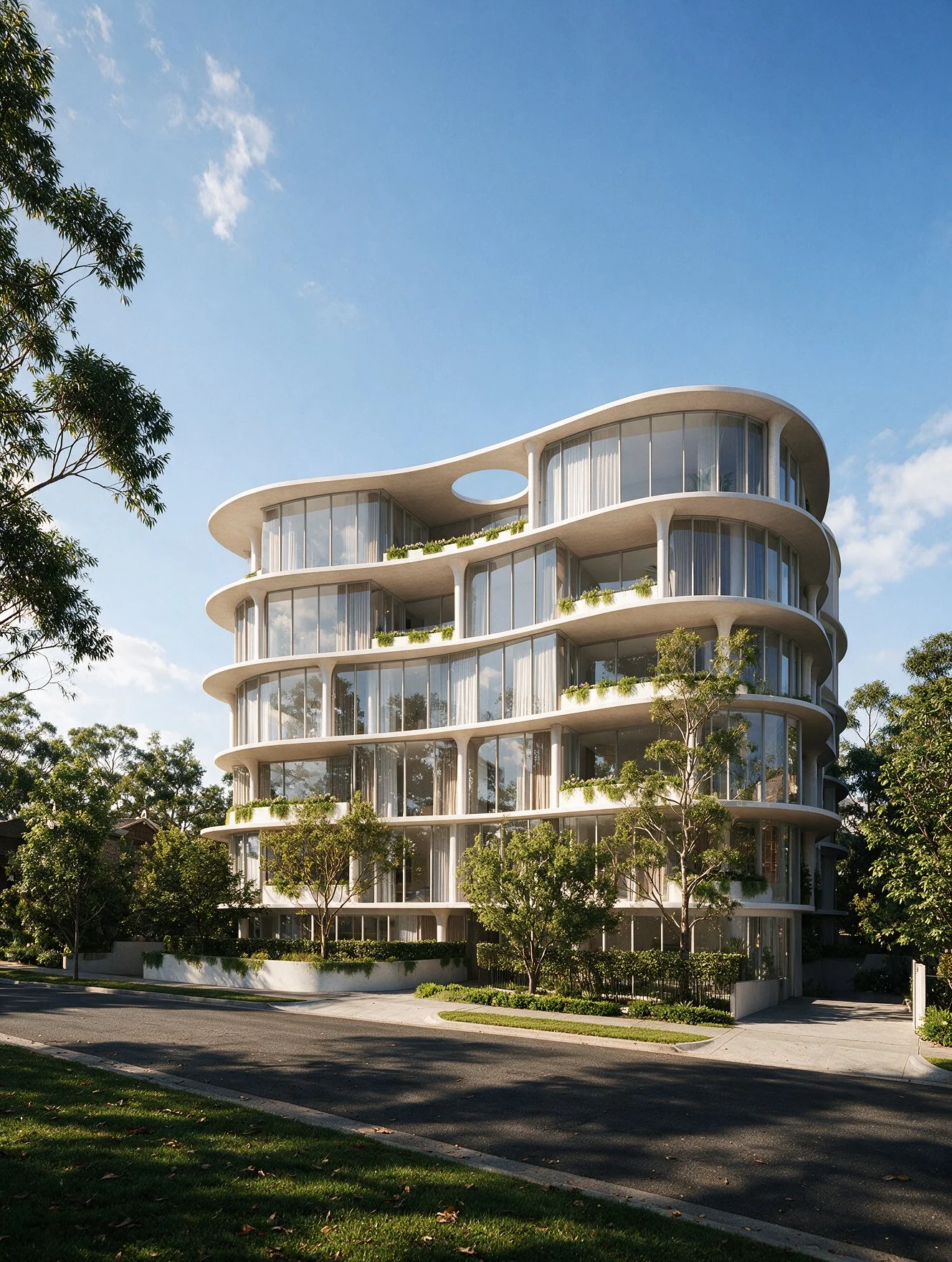 Architectural visualisation of 6 Sydney Street, Prahran showcasing the luxury apartment building from the streetscape with mature trees and modern curved façade.