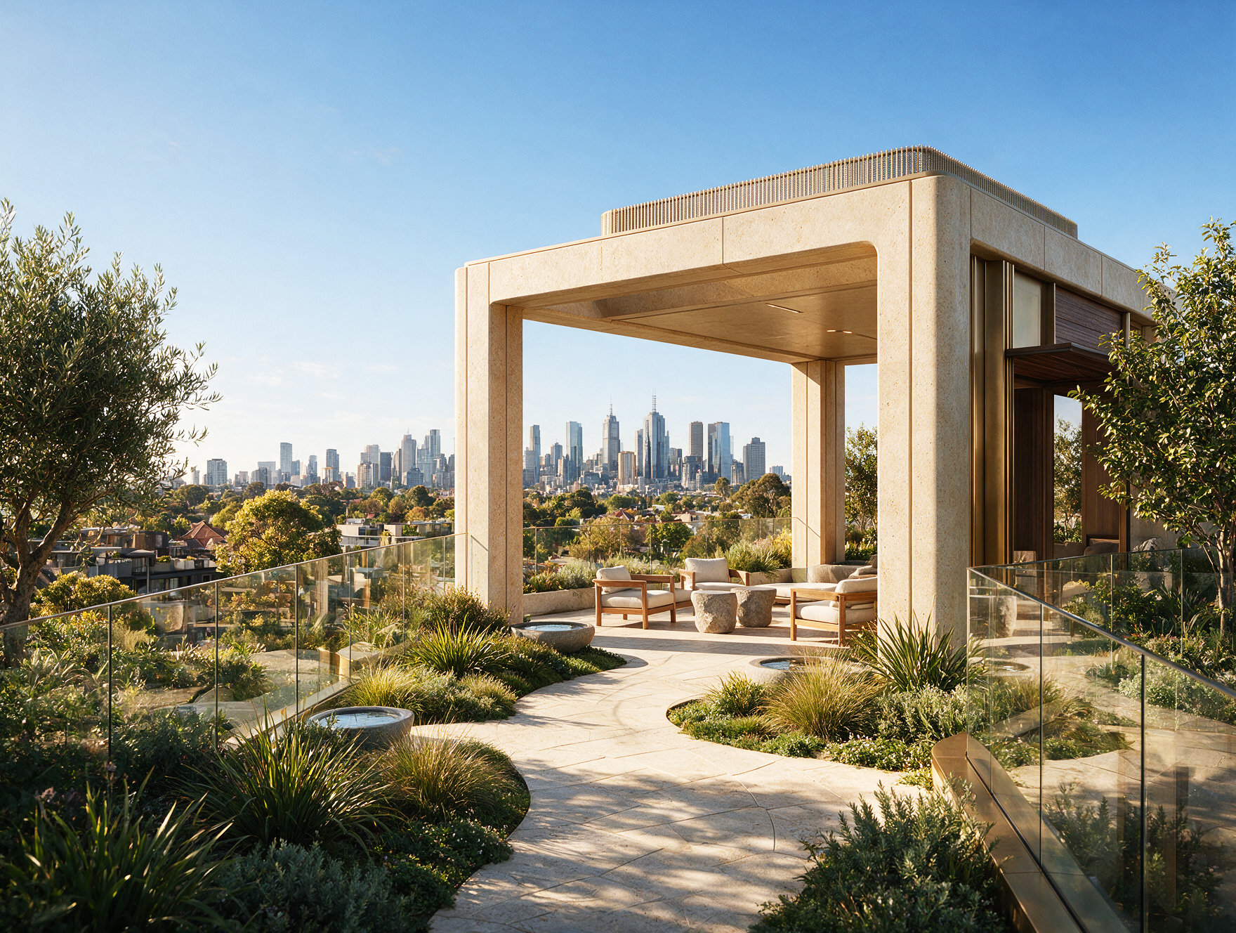 3D architectural rendering of the landscaped garden pavilion at South Yarra House in Melbourne.