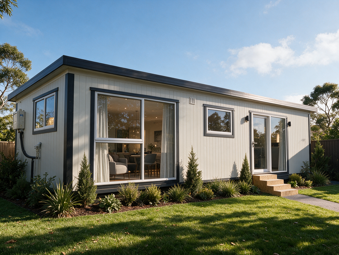 Architectural rendering of a compact contemporary granny flat with floor-to-ceiling glazing and modern façade.