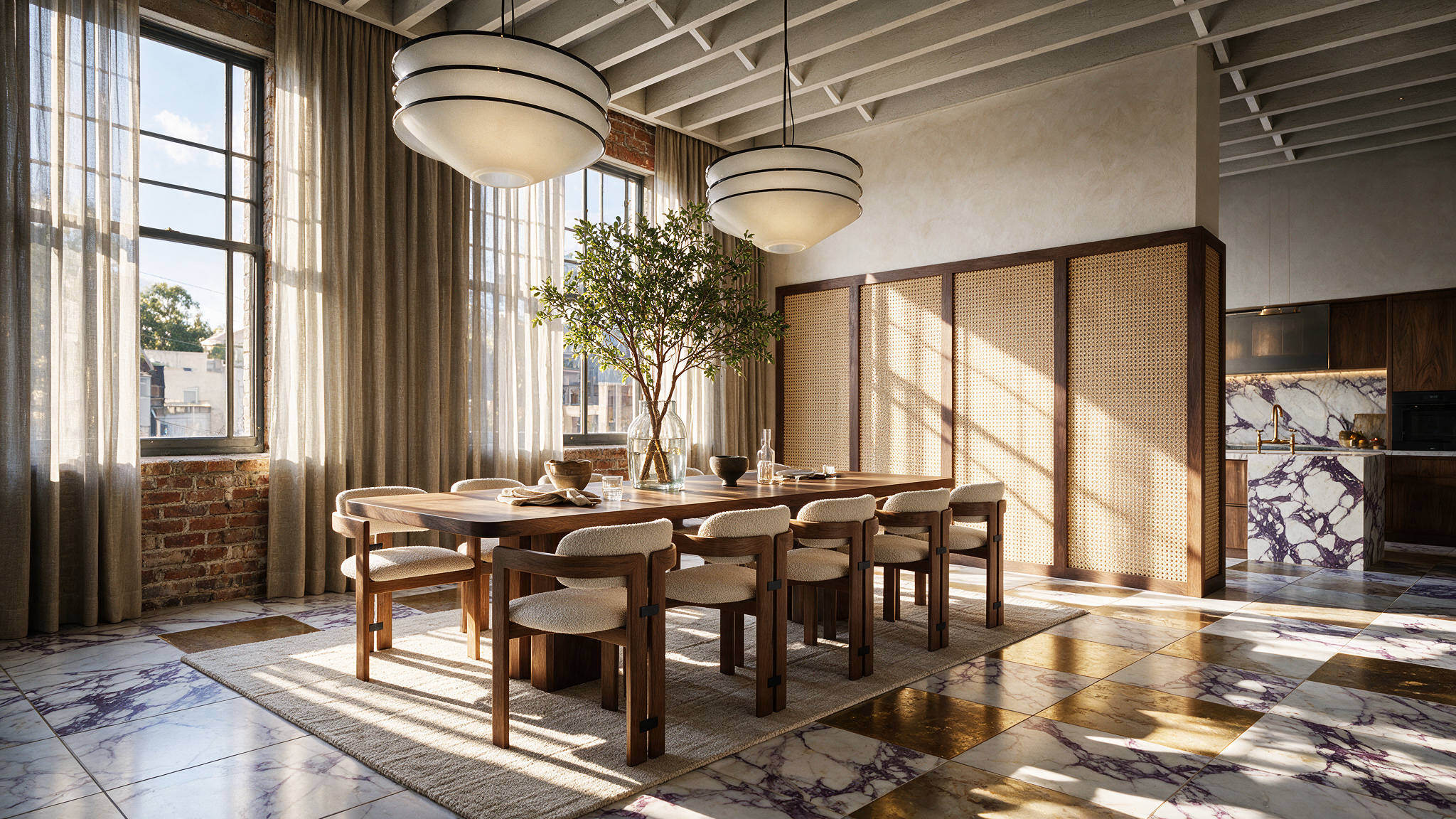 Elegant private dining room with timber interiors, floor-to-ceiling windows, and contemporary luxury furnishings.