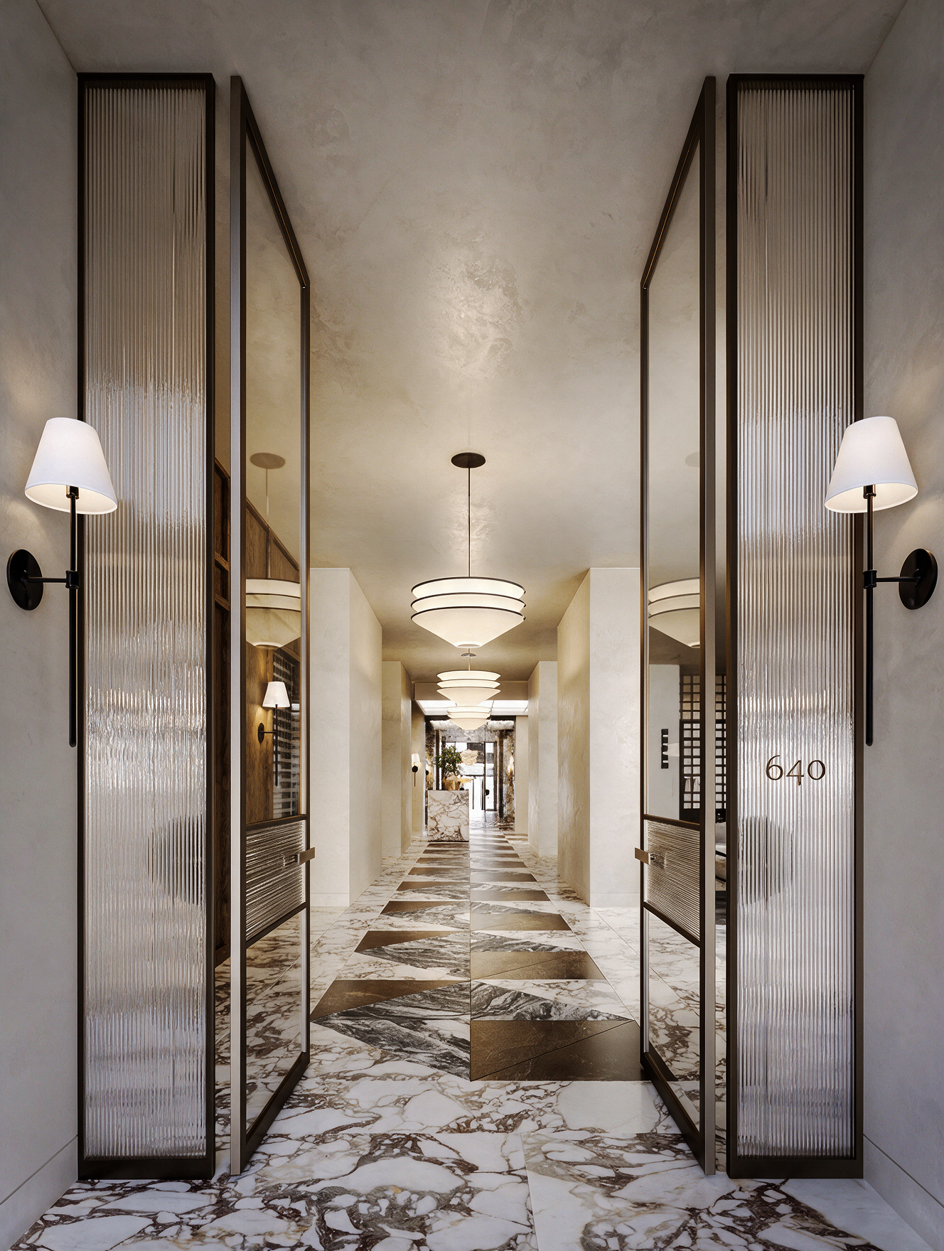 Luxury apartment lobby at 640 Bourke Street featuring marble finishes, warm lighting, and elegant contemporary interiors.