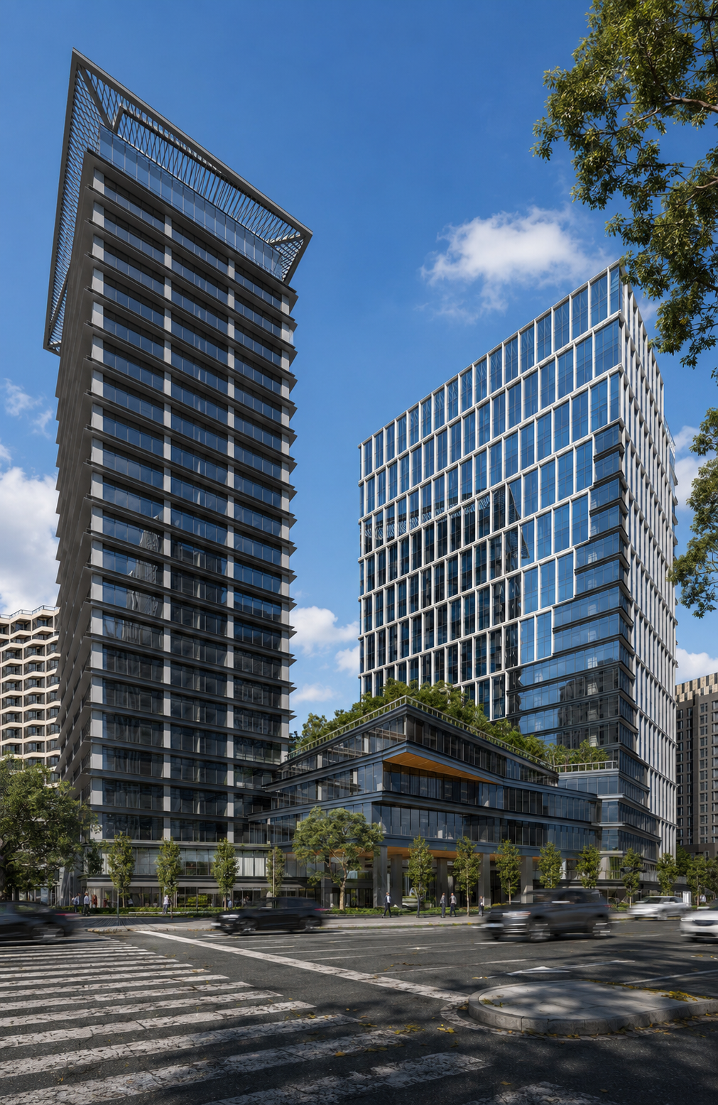 Photorealistic architectural visualisation of the Aoti Vanke Centre towers, showing reflective glass façades, vertical fins and landscaped podium spaces.