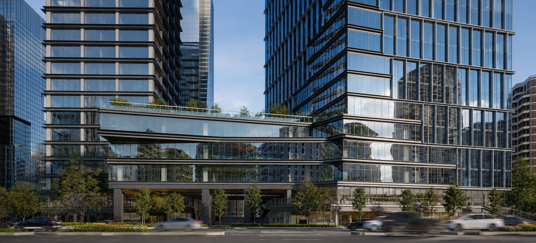 Modern commercial tower exterior at Aoti Vanke Centre, Hangzhou, featuring landscaped terraces, glass façades and contemporary urban architecture.