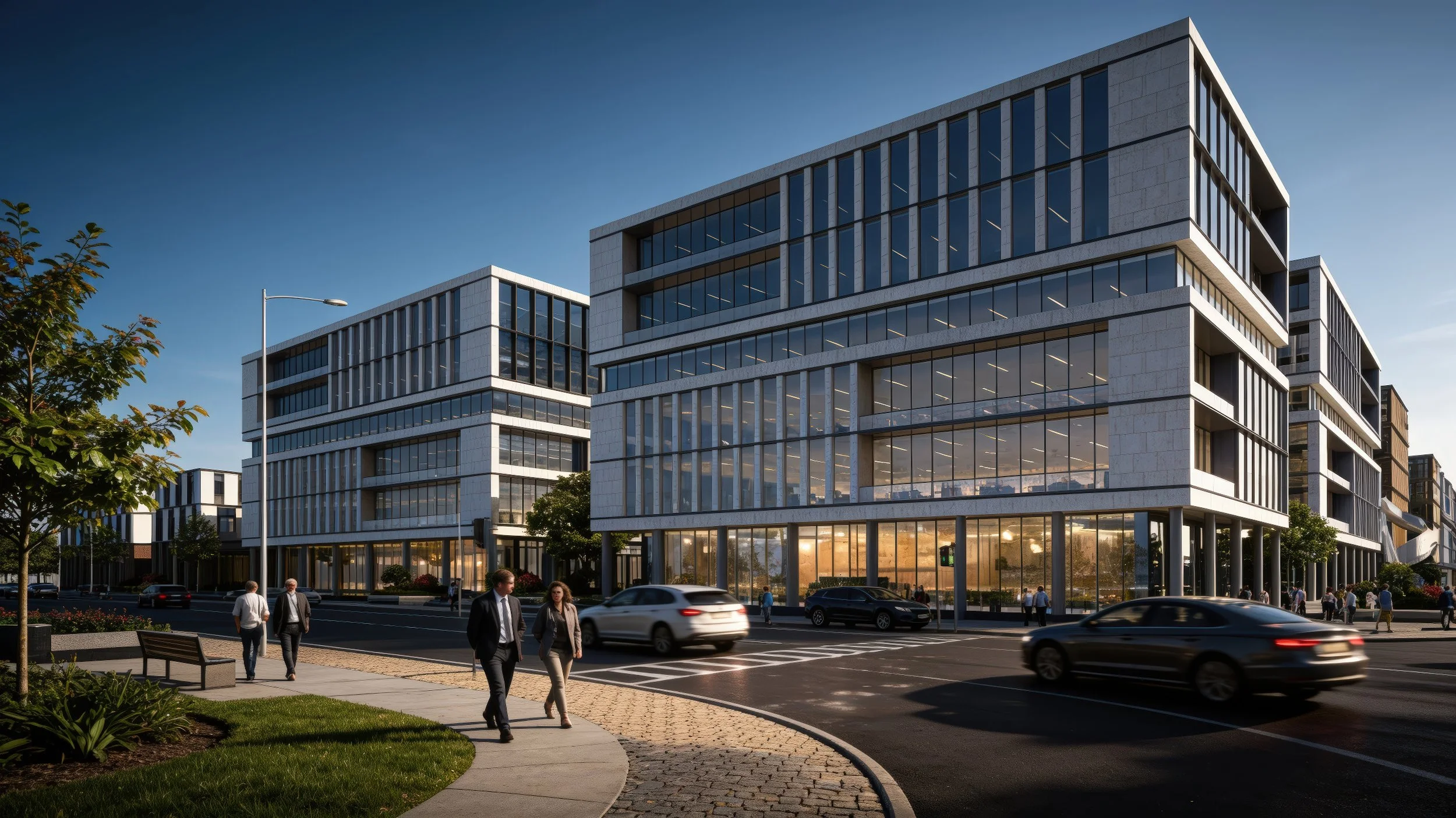 Exterior 3D visualization of a multi-story commercial industrial office building with modern architectural design, pedestrians, and vehicles.