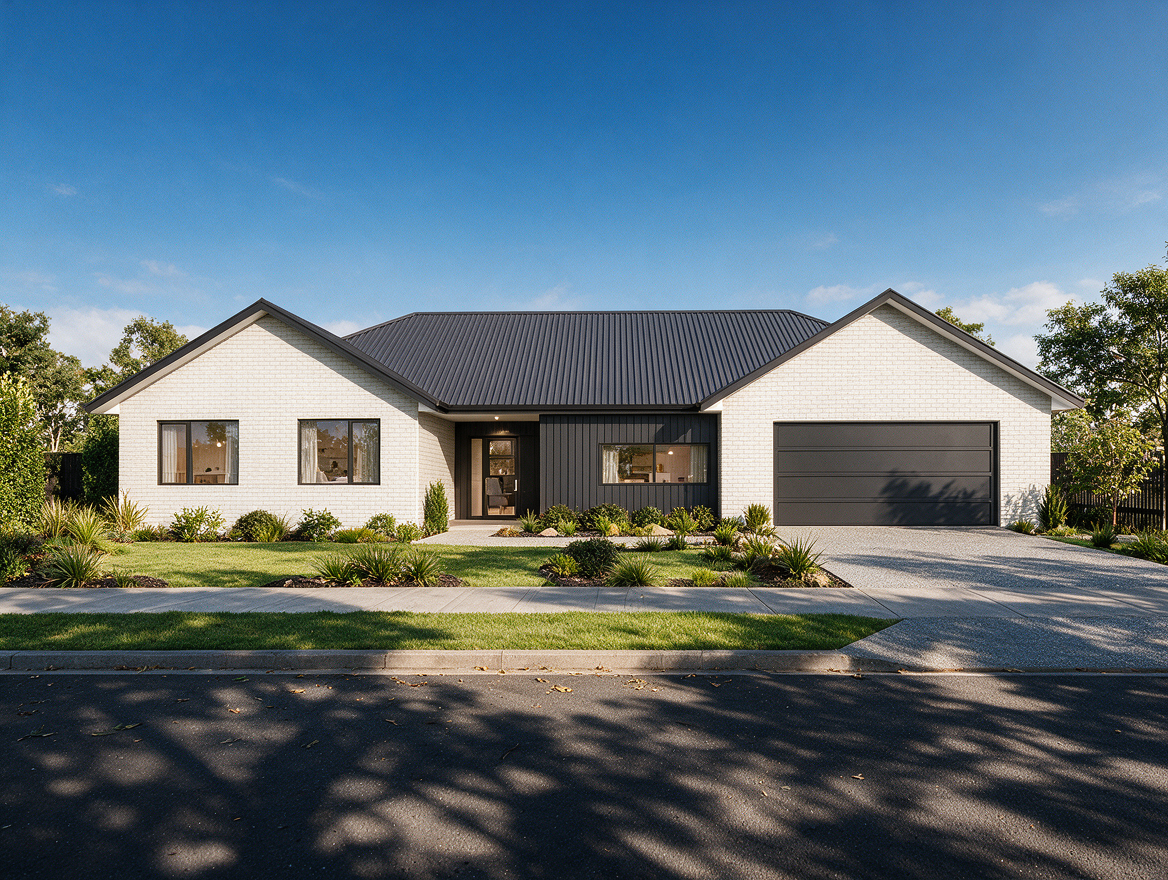 Photorealistic residential 3D render of a modern single-storey family home with contemporary architecture.