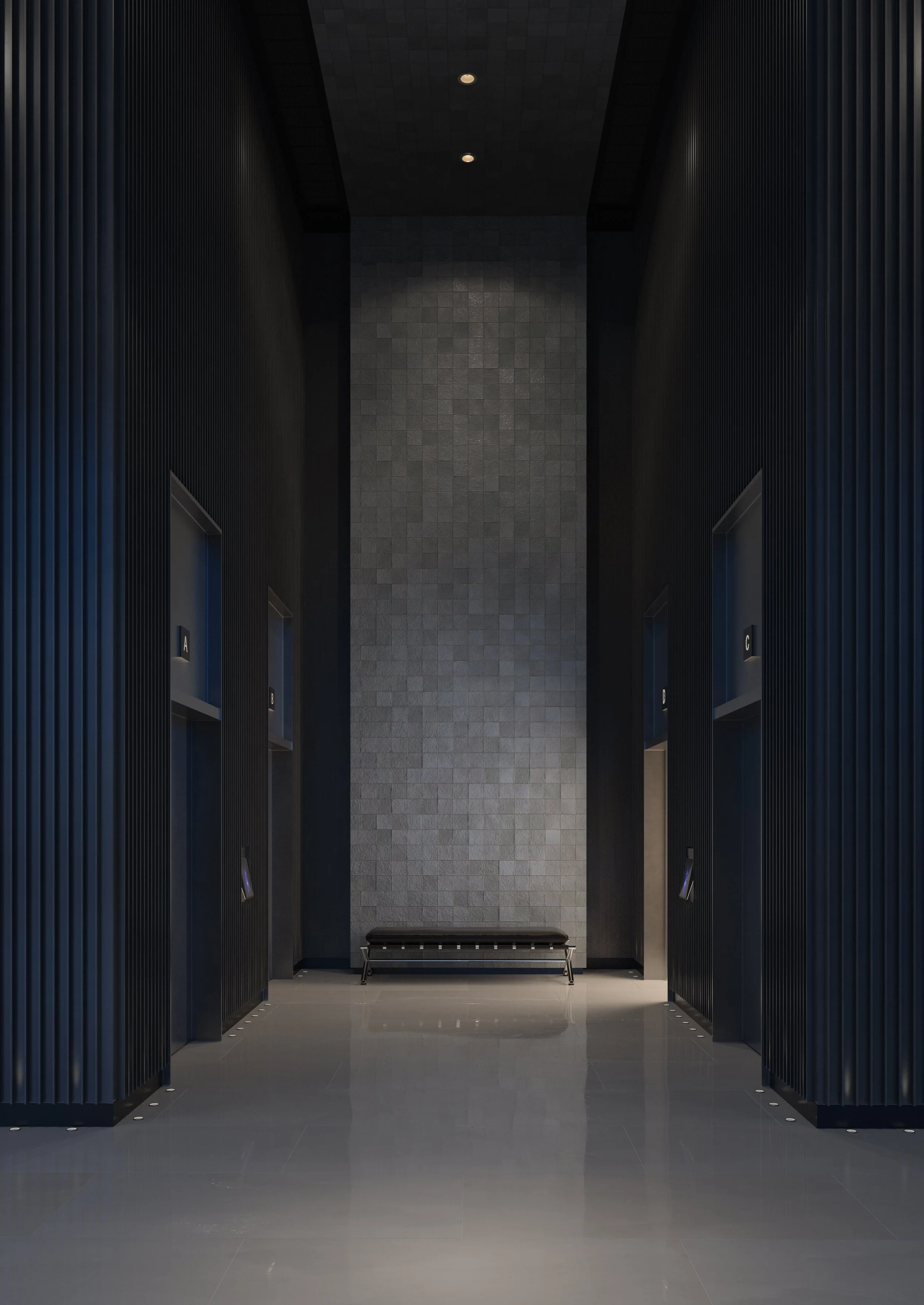 Minimalist lift lobby interior with dark vertical wall panels, textured stone surfaces, soft indirect lighting and a refined contemporary design.