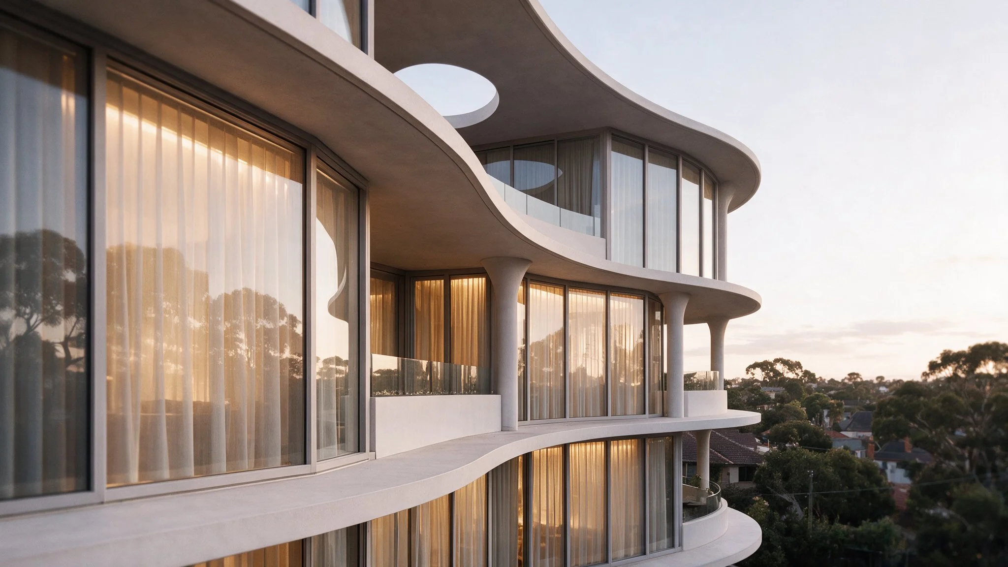Close-up architectural 3D render highlighting the fluted concrete columns, curved glass windows, and balcony planting of the Prahran apartment development.
