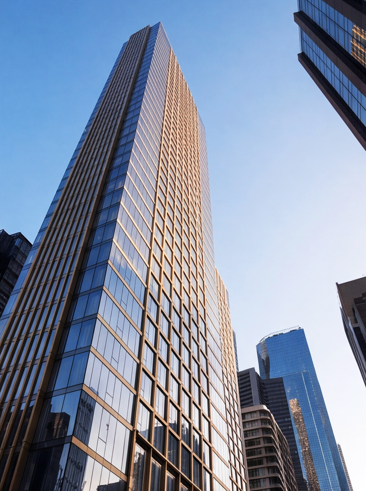 Low-angle view of the 640 Bourke Street residential tower showcasing its sculptural architectural façade in Melbourne CBD.