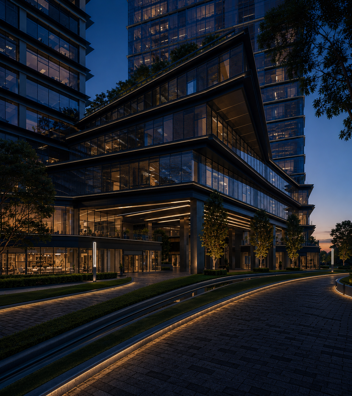 Blue-hour exterior rendering of Aoti Vanke Centre with warm interior lighting, illuminated signage, reflective paving and an upscale commercial atmosphere.