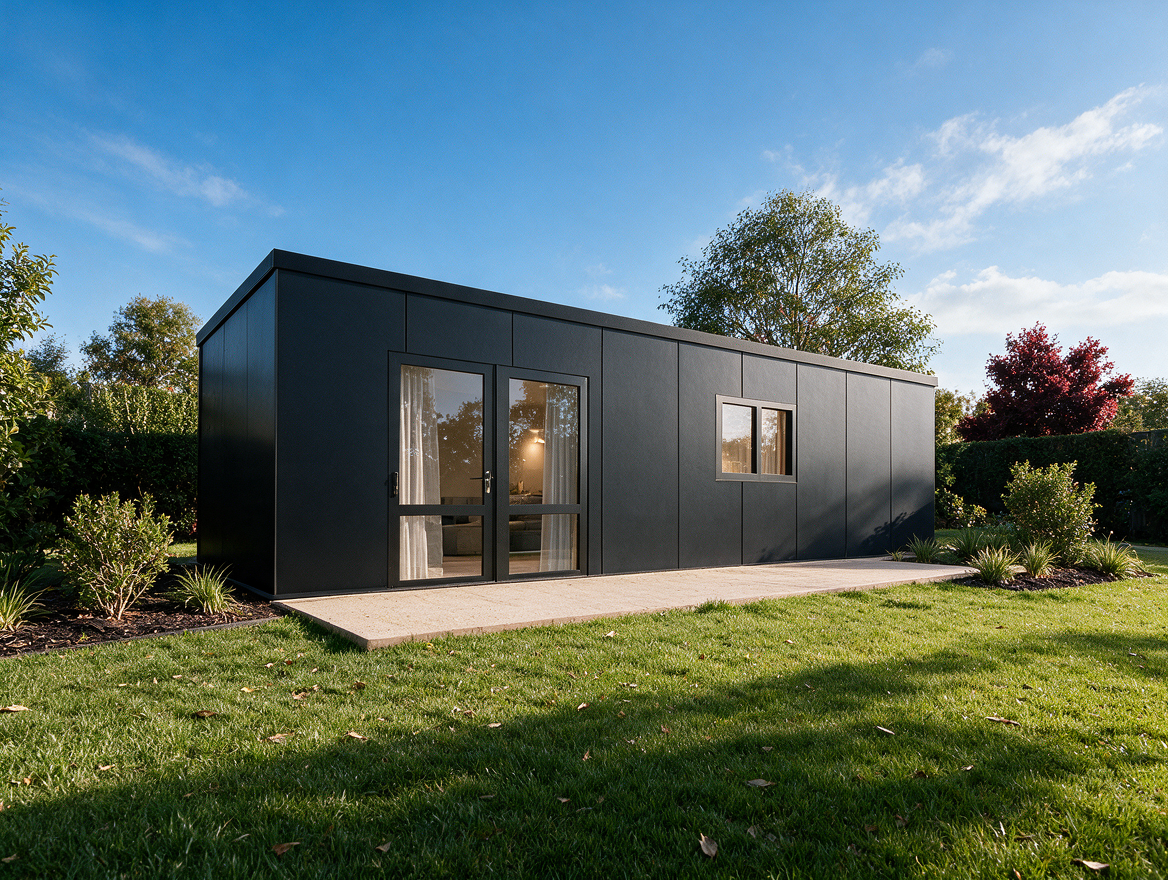Modern prefabricated home architectural visualisation with minimalist exterior design and realistic landscaping.