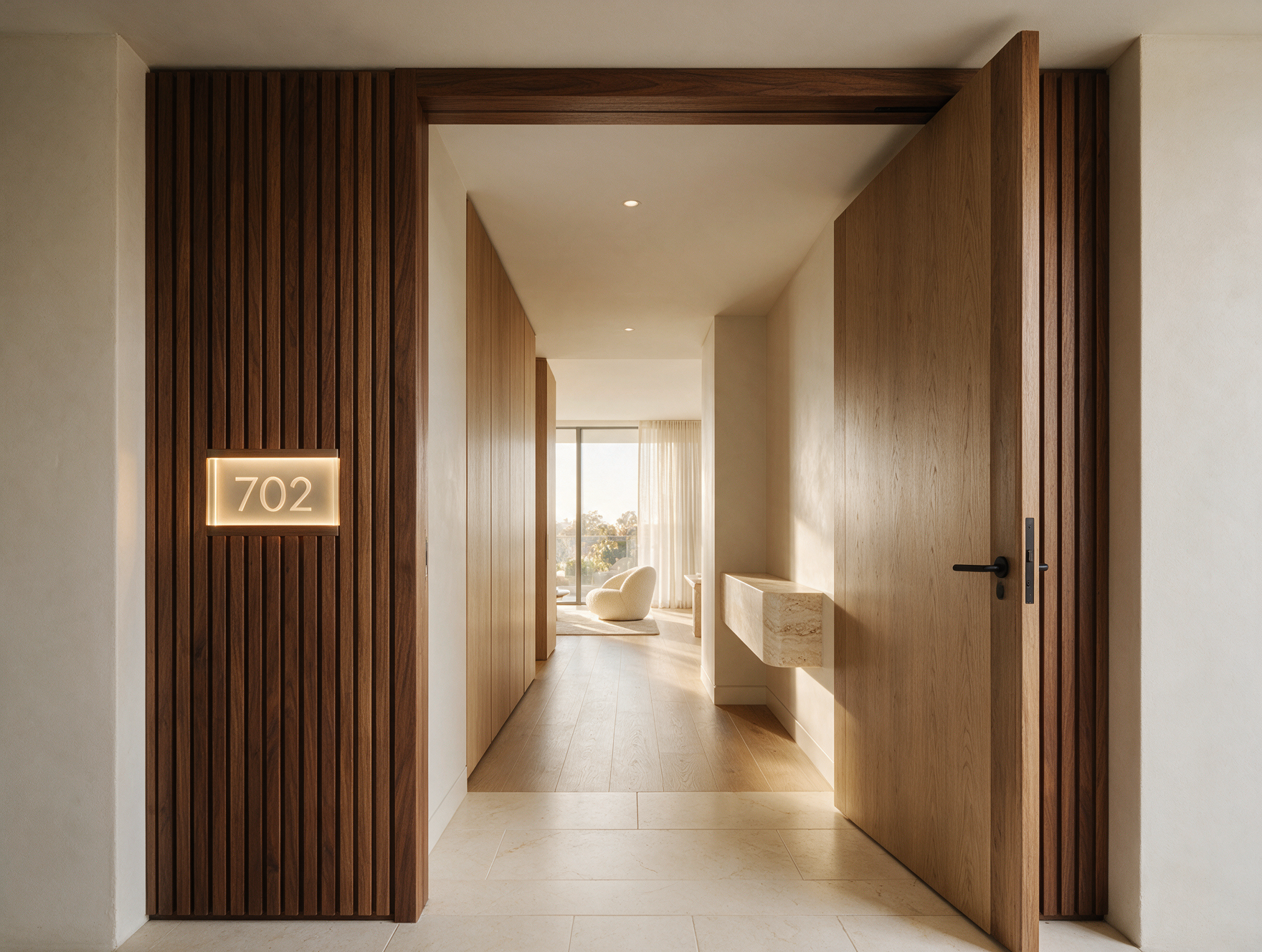 Interior architectural rendering of the entrance hallway at South Yarra House with warm timber finishes and minimalist design.