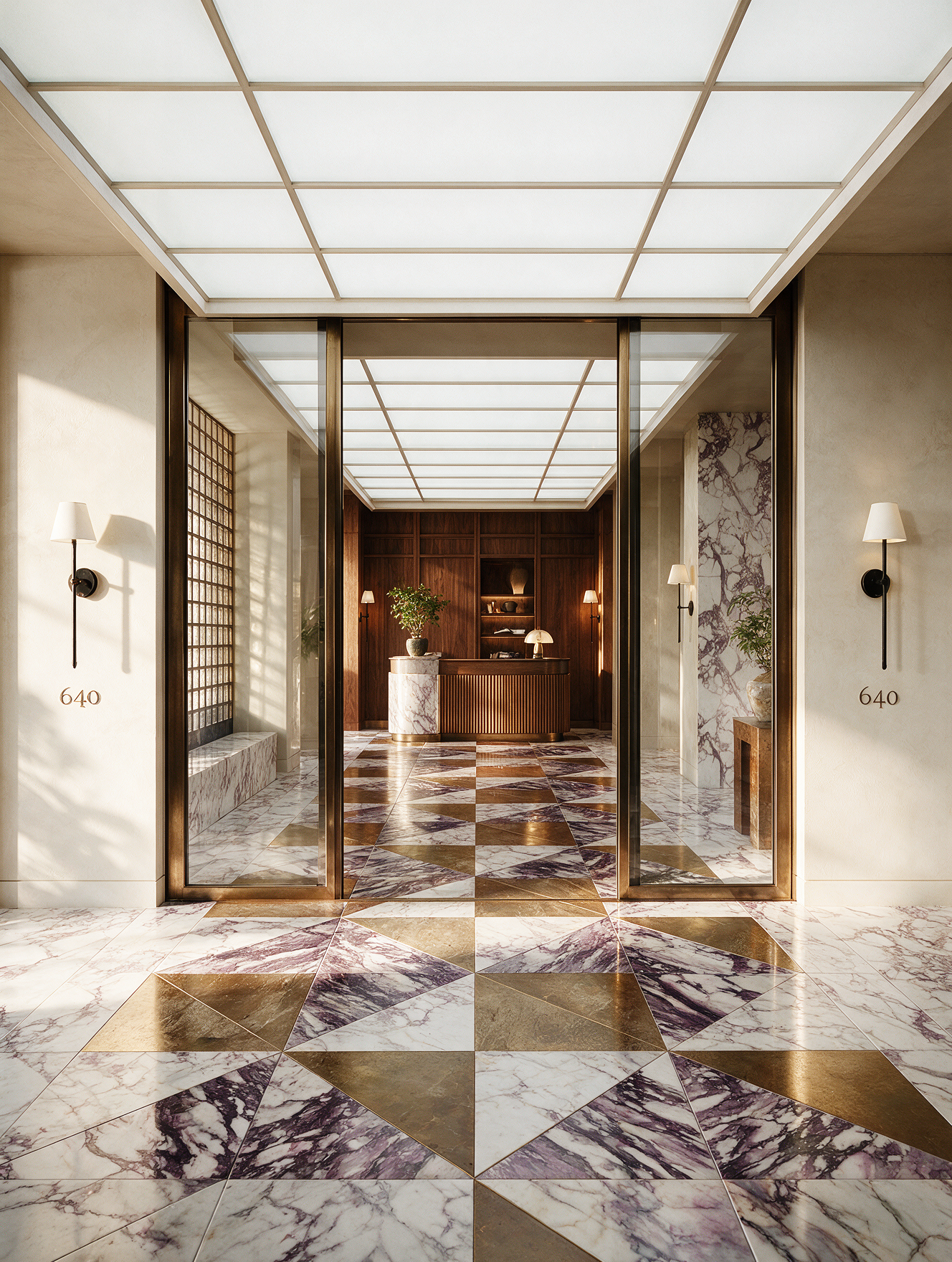 Grand residential entrance lobby with premium stone flooring, refined detailing, and sophisticated hotel-inspired design.