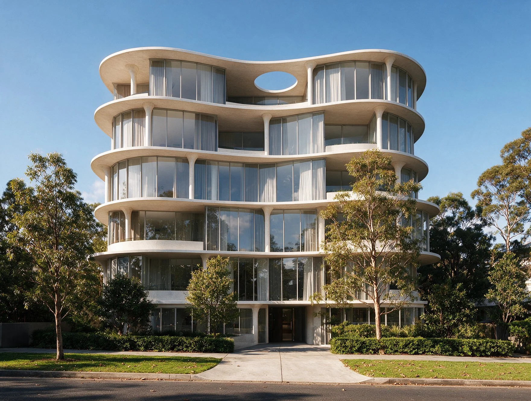 Photorealistic 3D render of 6 Sydney Street, Prahran apartment development featuring curved balconies, premium landscaping and contemporary architecture.