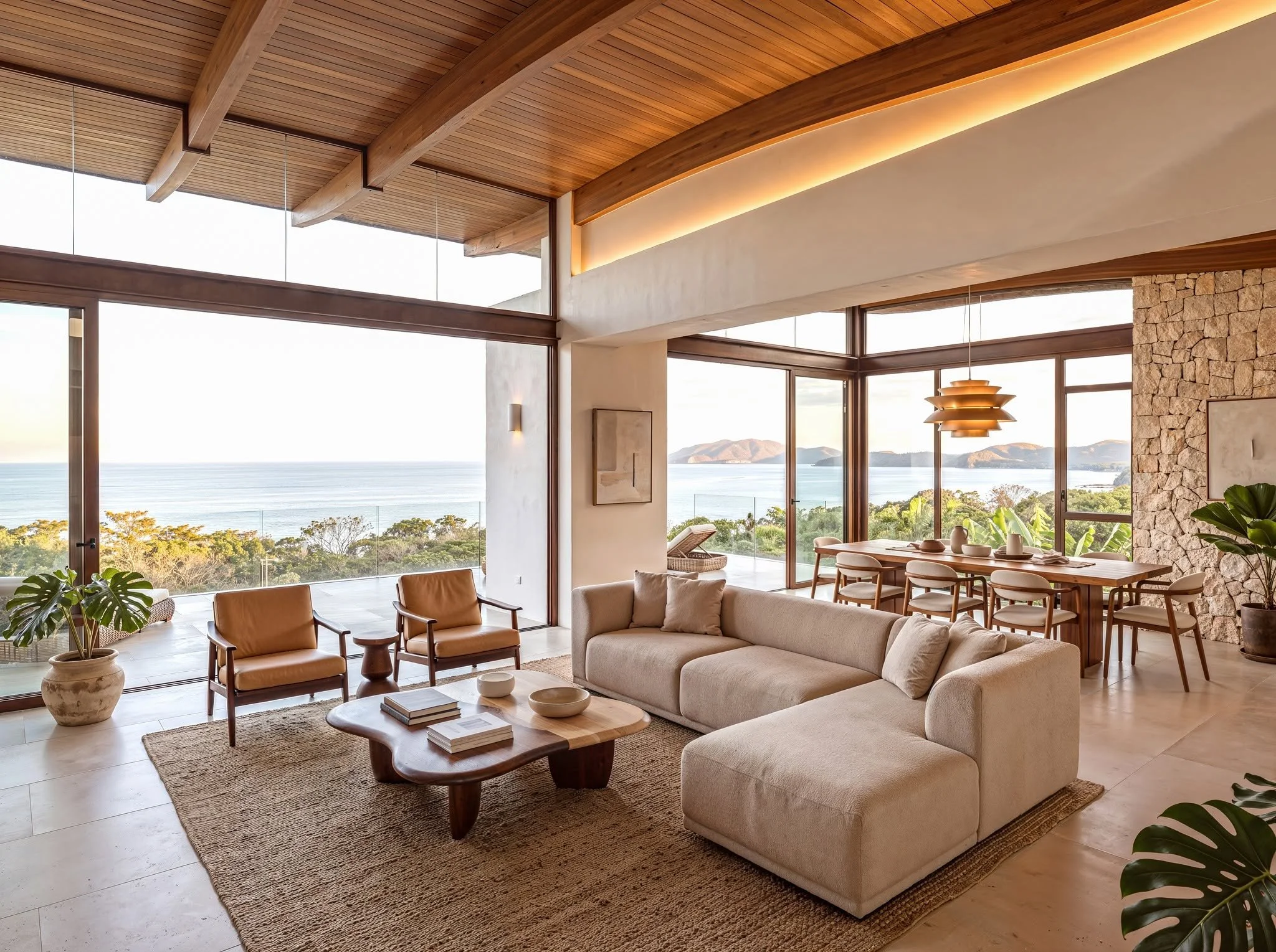Open-plan luxury living room with waterfront views – residential 3D architectural visualisation by Mimik Studios