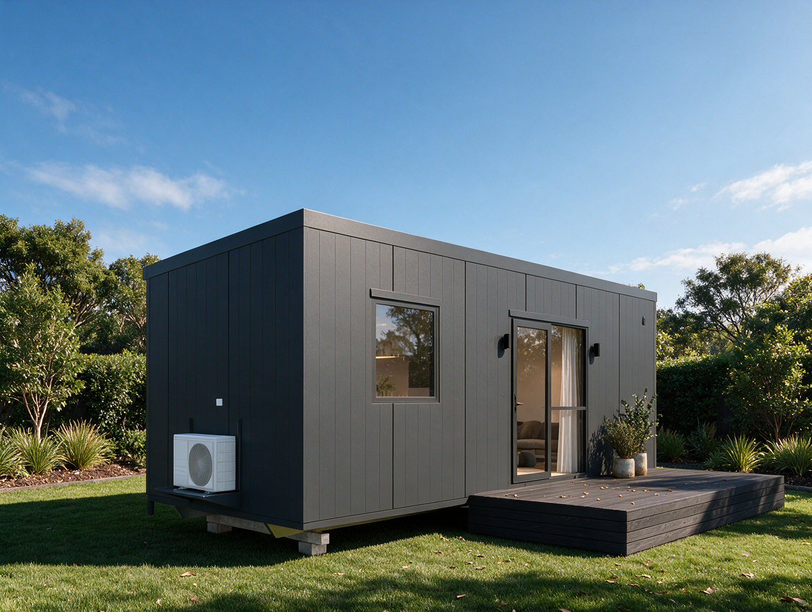 Photorealistic 3D rendering of a modular home with contemporary architecture and premium exterior finishes.